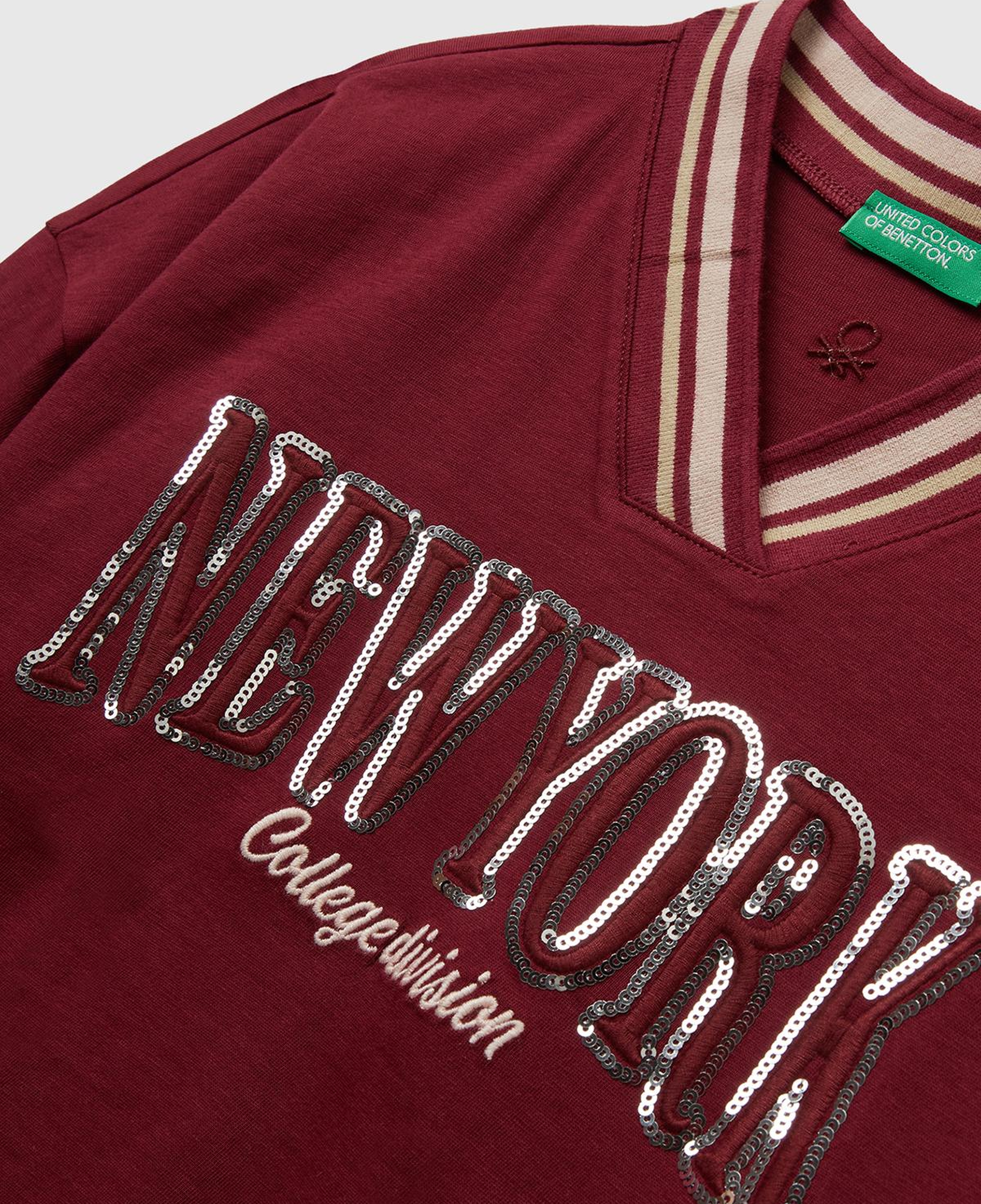 Kız Çocuk Bordo Payet İşlemeli Şeritli V Yaka Boxy Fit Uzun Kollu T-shirt