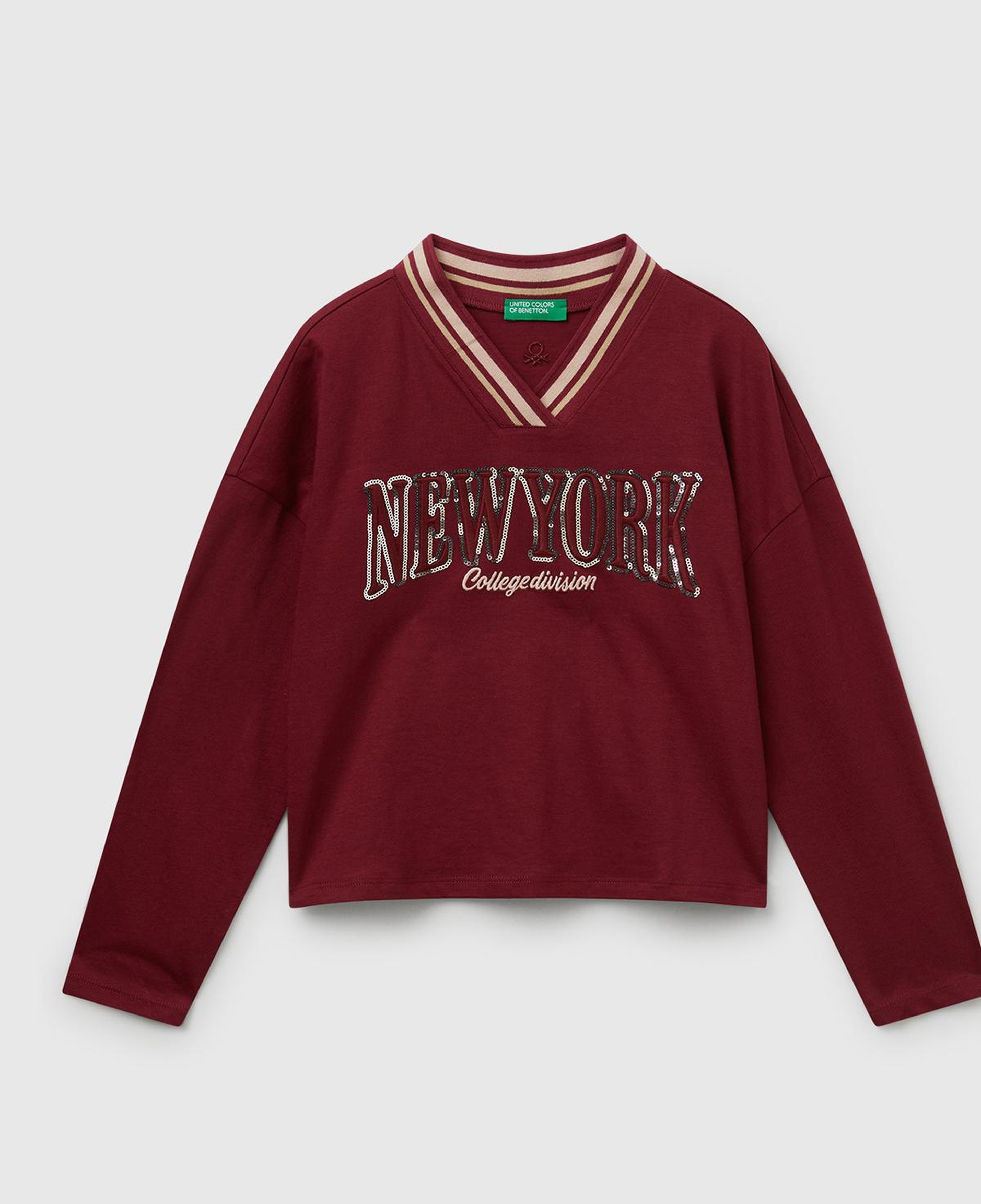 Kız Çocuk Bordo Payet İşlemeli Şeritli V Yaka Boxy Fit Uzun Kollu T-shirt