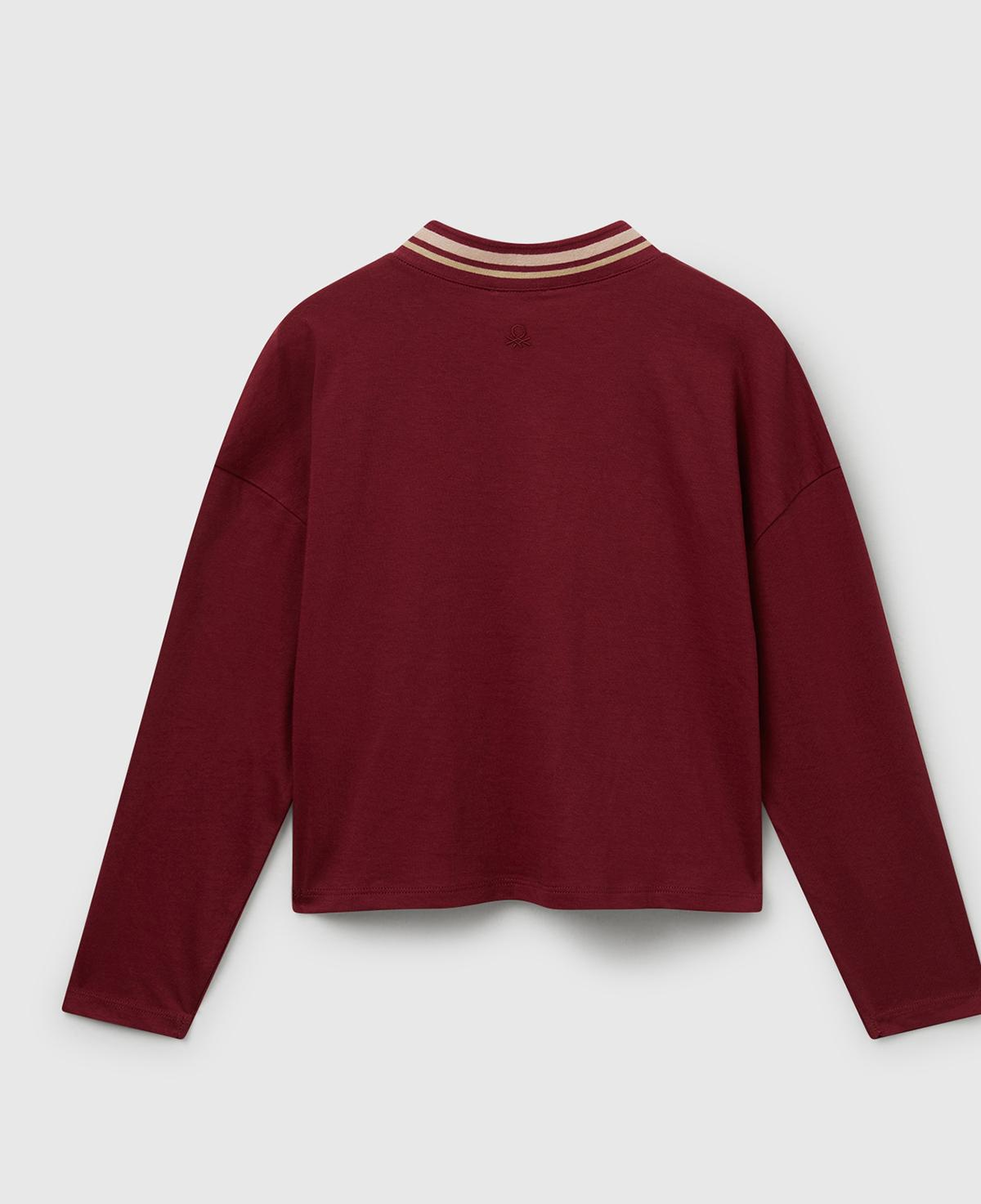 Kız Çocuk Bordo Payet İşlemeli Şeritli V Yaka Boxy Fit Uzun Kollu T-shirt