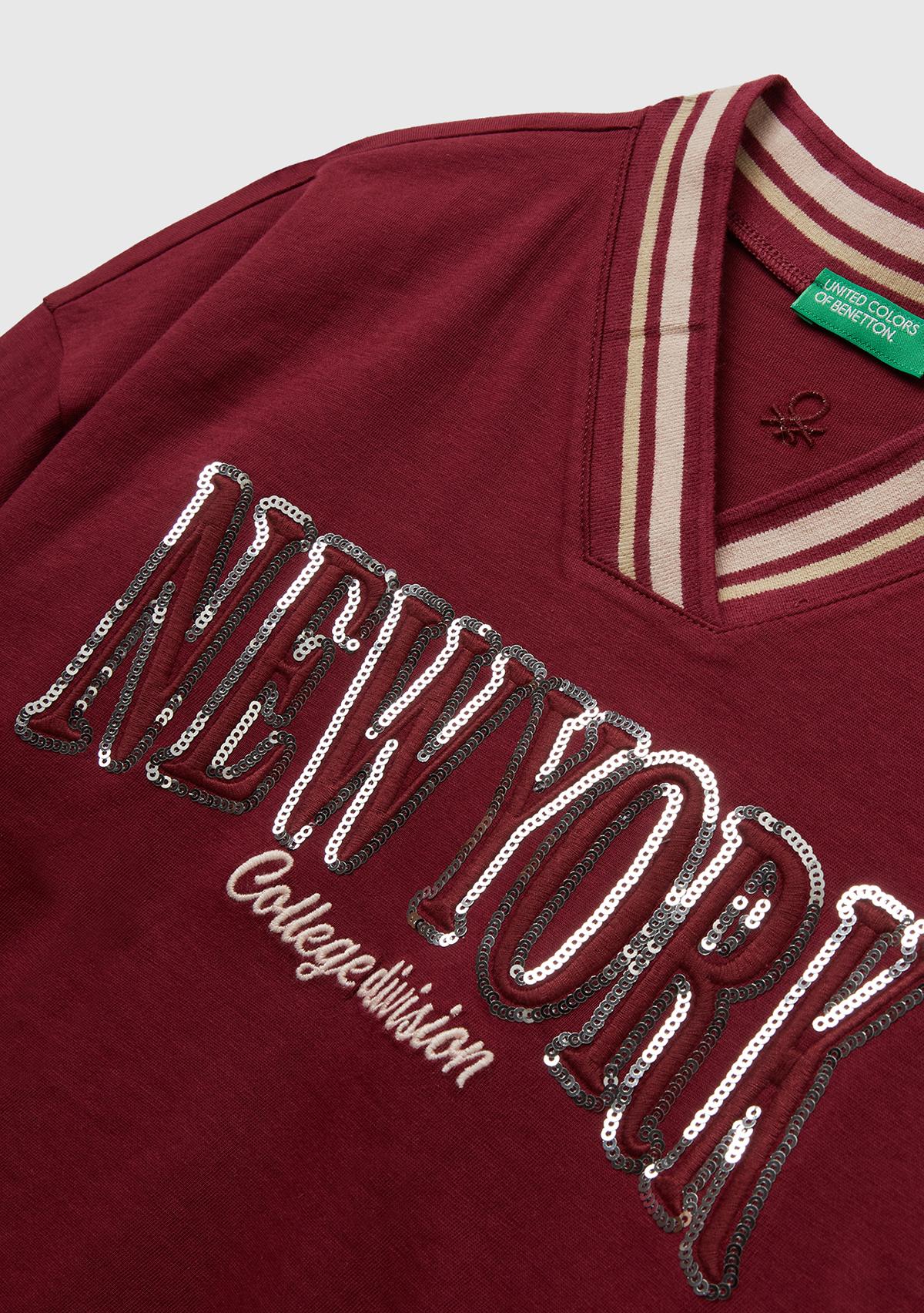 Kız Çocuk Bordo Payet İşlemeli Şeritli V Yaka Boxy Fit Uzun Kollu T-shirt