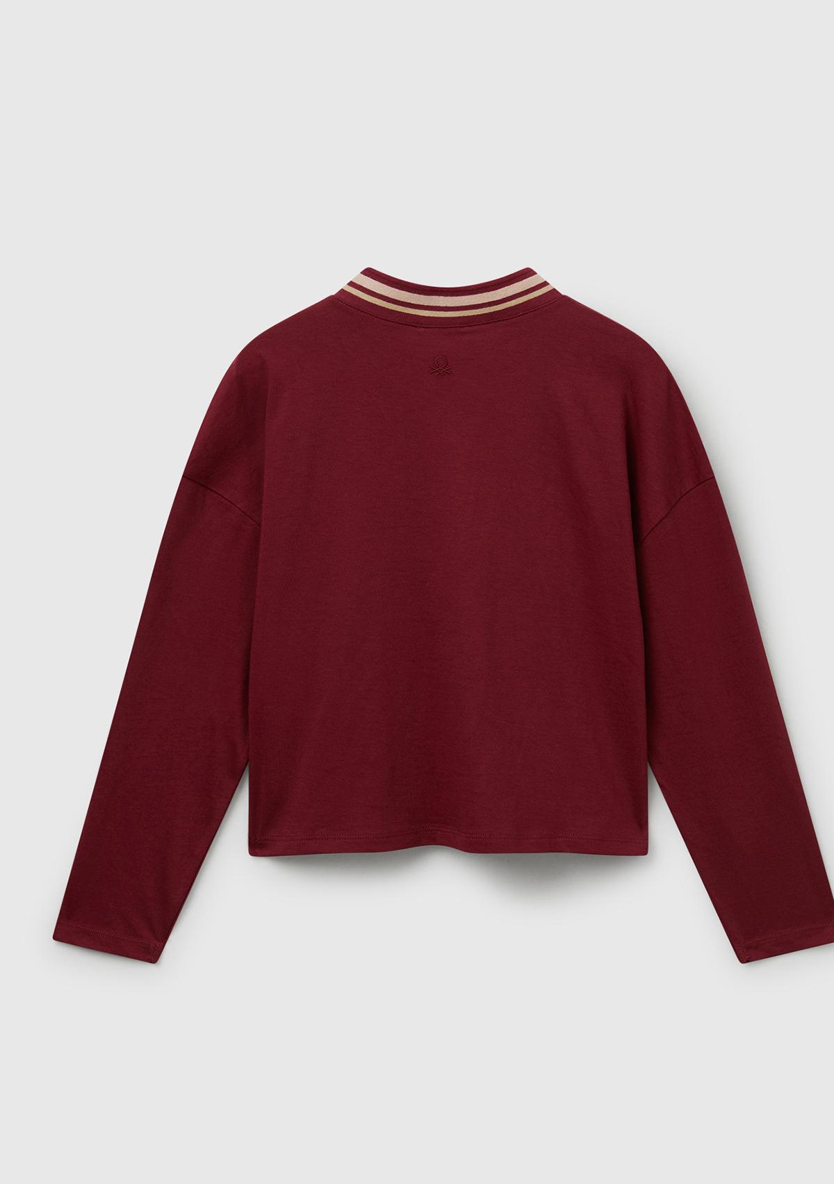 Kız Çocuk Bordo Payet İşlemeli Şeritli V Yaka Boxy Fit Uzun Kollu T-shirt