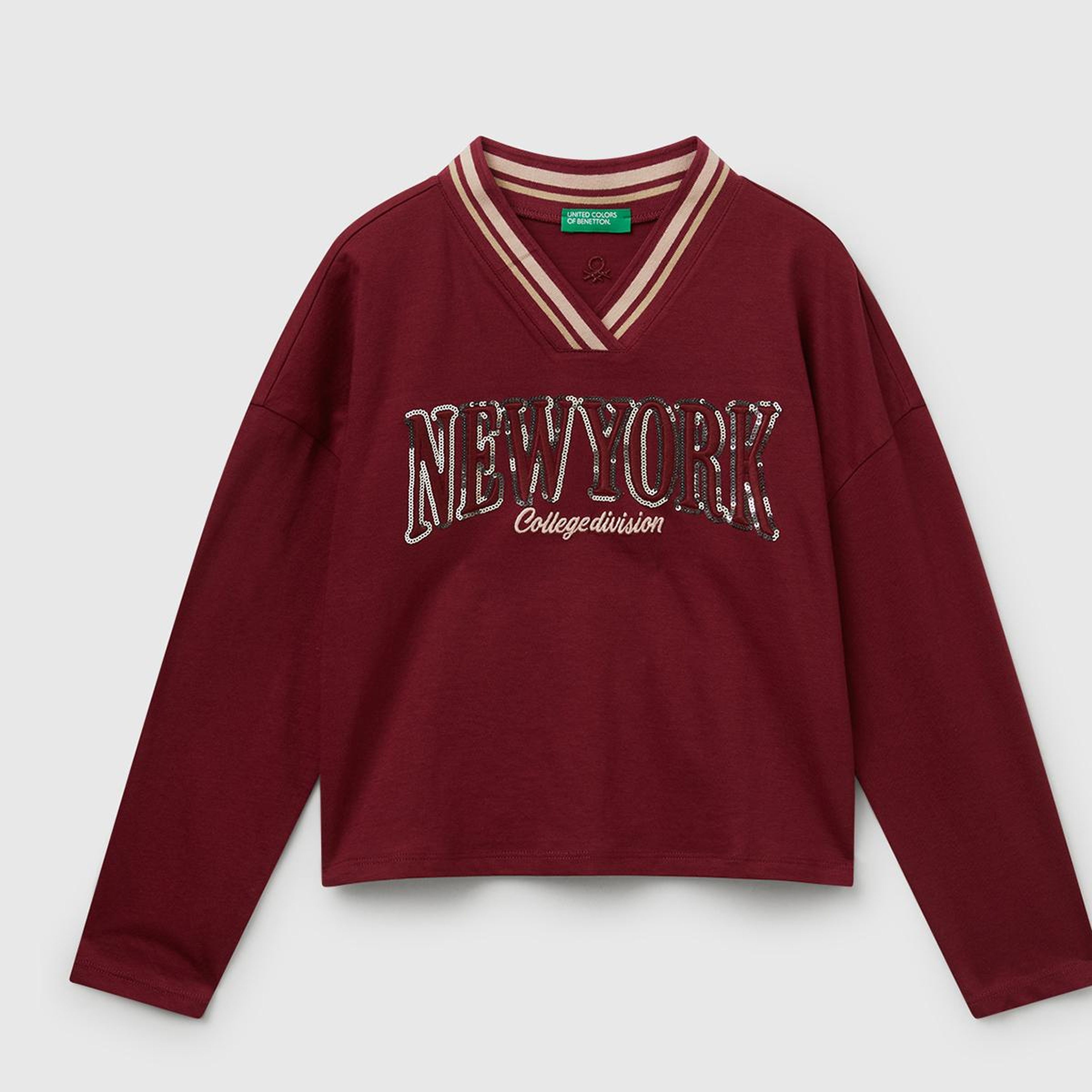 Kız Çocuk Bordo Payet İşlemeli Şeritli V Yaka Boxy Fit Uzun Kollu T-shirt