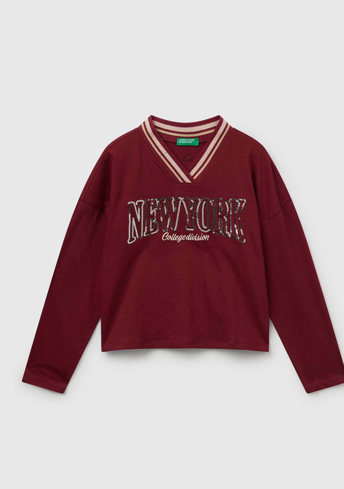Kız Çocuk Bordo Payet İşlemeli Şeritli V Yaka Boxy Fit Uzun Kollu T-shirt