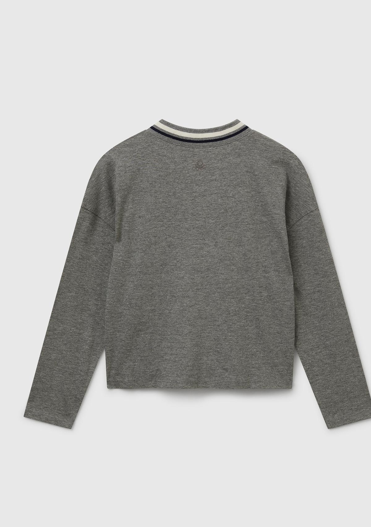 Kız Çocuk Antrasit Melanj Payet İşlemeli Şeritli V Yaka Boxy Fit Uzun Kollu T-shirt