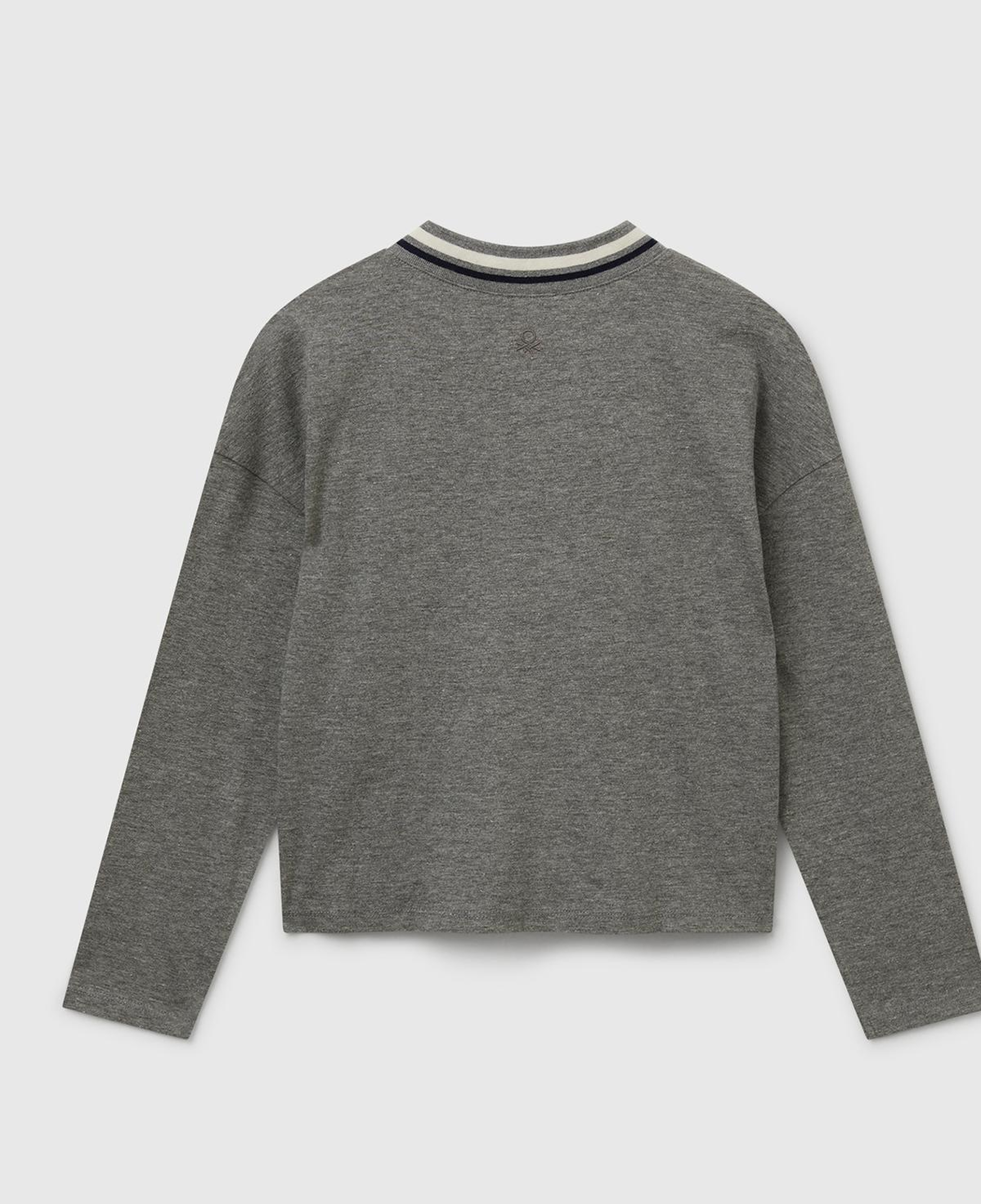 Kız Çocuk Antrasit Melanj Payet İşlemeli Şeritli V Yaka Boxy Fit Uzun Kollu T-shirt