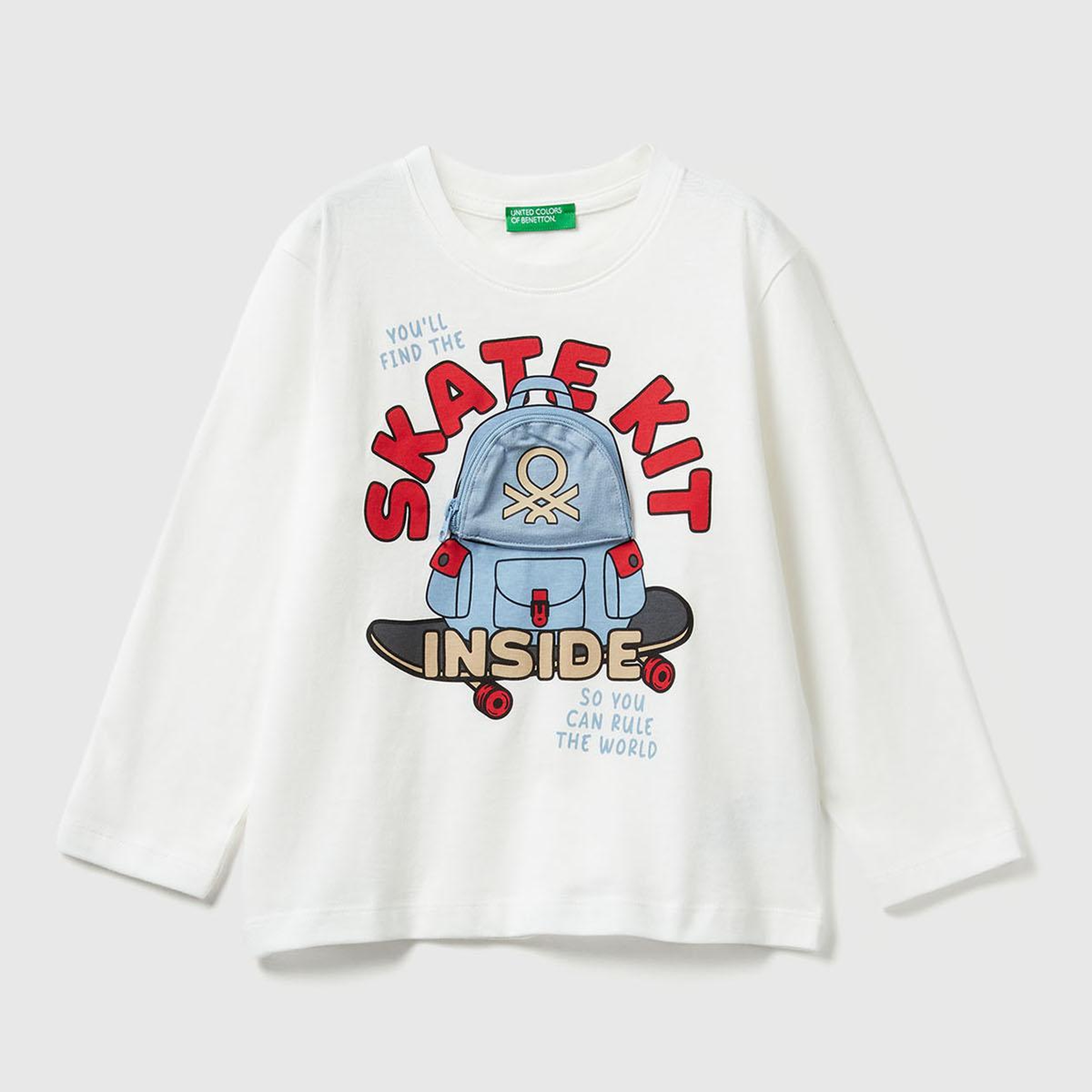 Erkek Çocuk Ekru Önü Baskılı Fermuarlı Aplikeli Uzun Kollu T-shirt