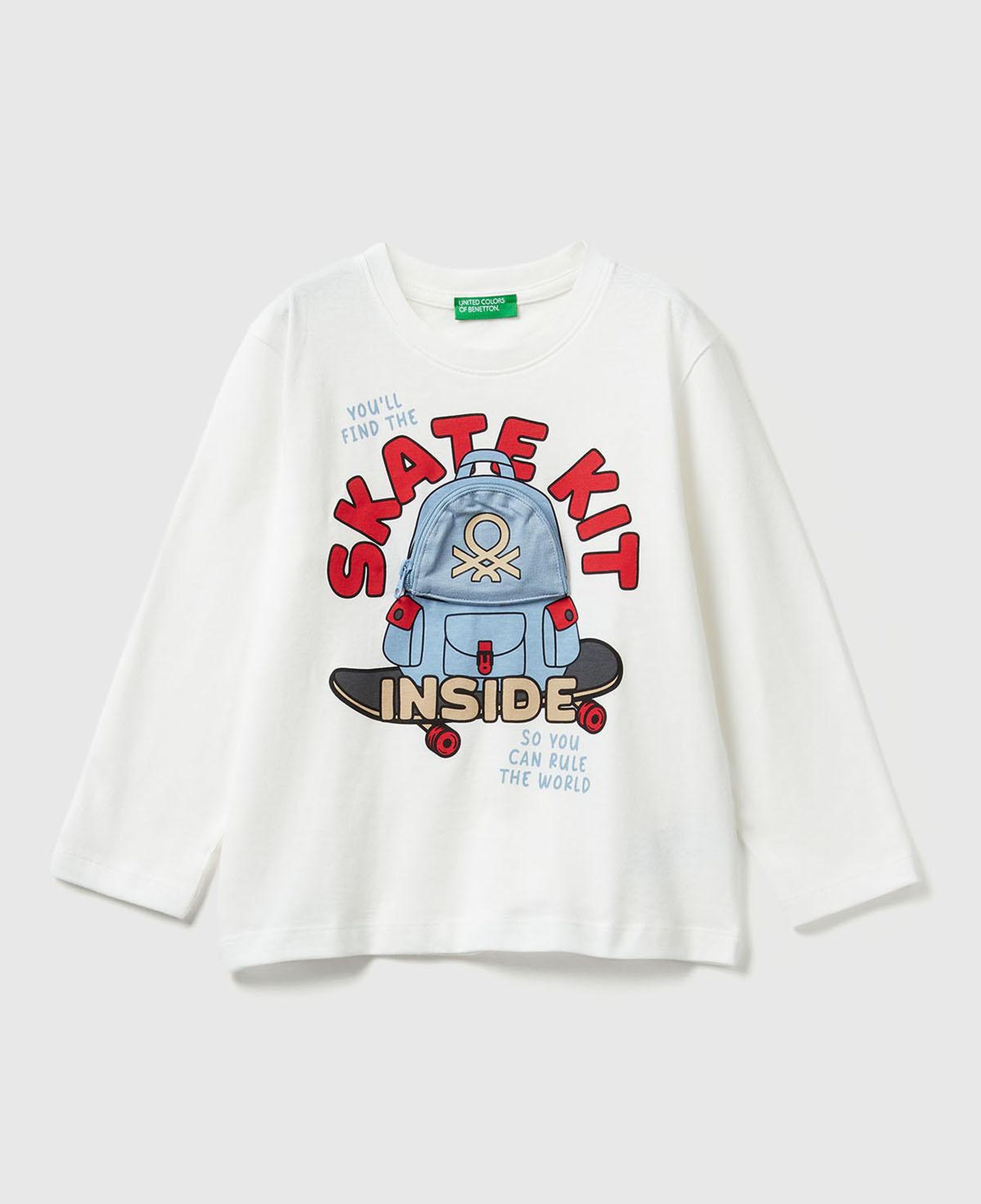 Erkek Çocuk Ekru Önü Baskılı Fermuarlı Aplikeli Uzun Kollu T-shirt