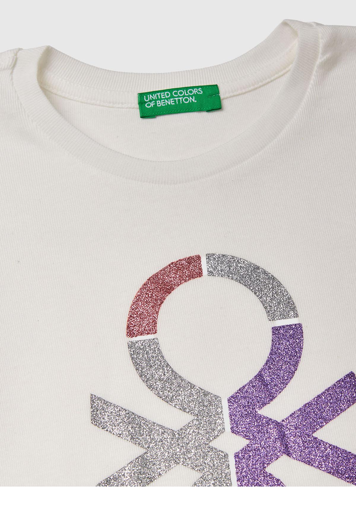 Kız Çocuk Ekru Önü Parıltılı Logo Baskılı Regular Fit Uzun Kollu T-Shirt