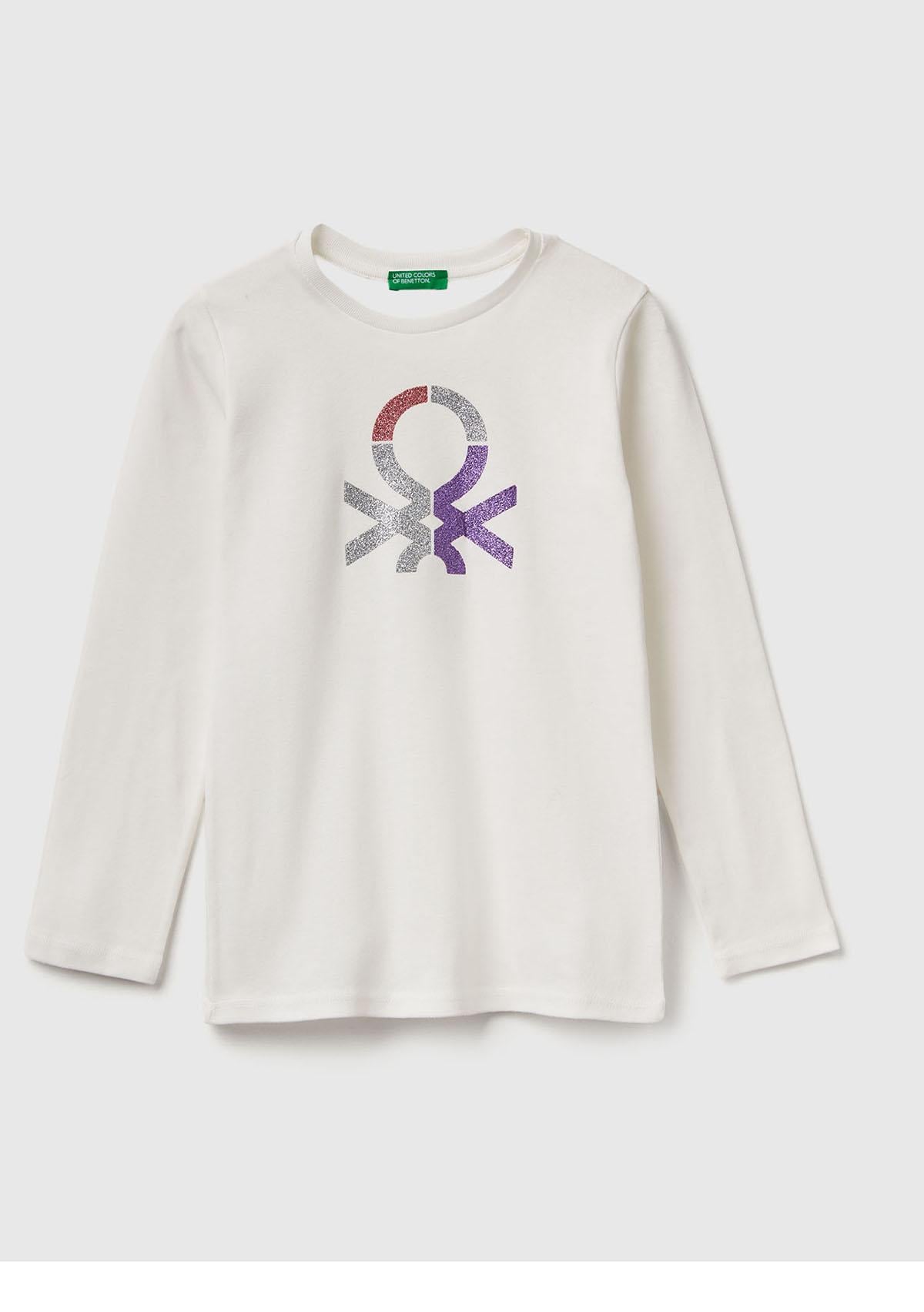 Kız Çocuk Ekru Önü Parıltılı Logo Baskılı Regular Fit Uzun Kollu T-Shirt
