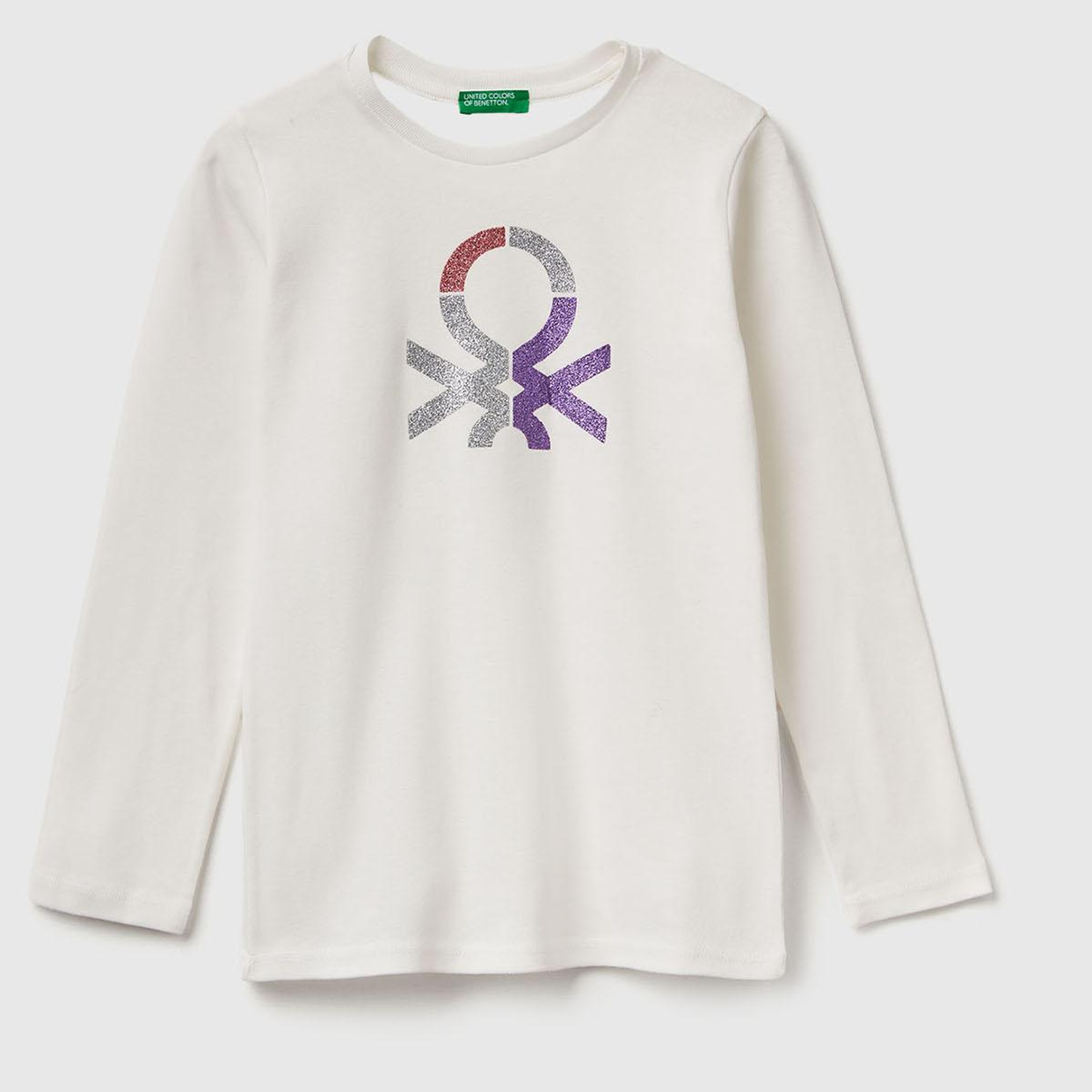 Kız Çocuk Ekru Önü Parıltılı Logo Baskılı Regular Fit Uzun Kollu T-Shirt