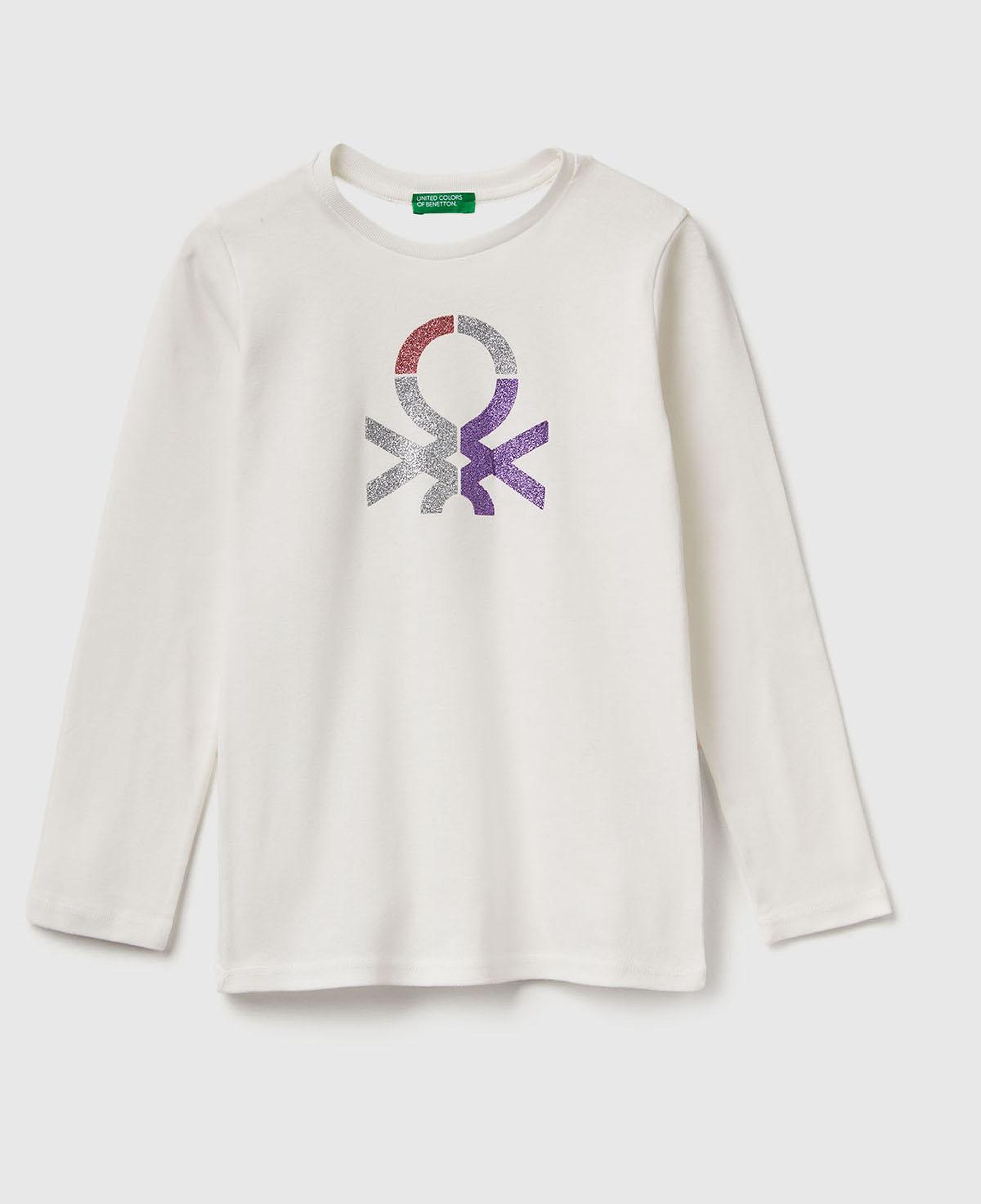 Kız Çocuk Ekru Önü Parıltılı Logo Baskılı Regular Fit Uzun Kollu T-Shirt
