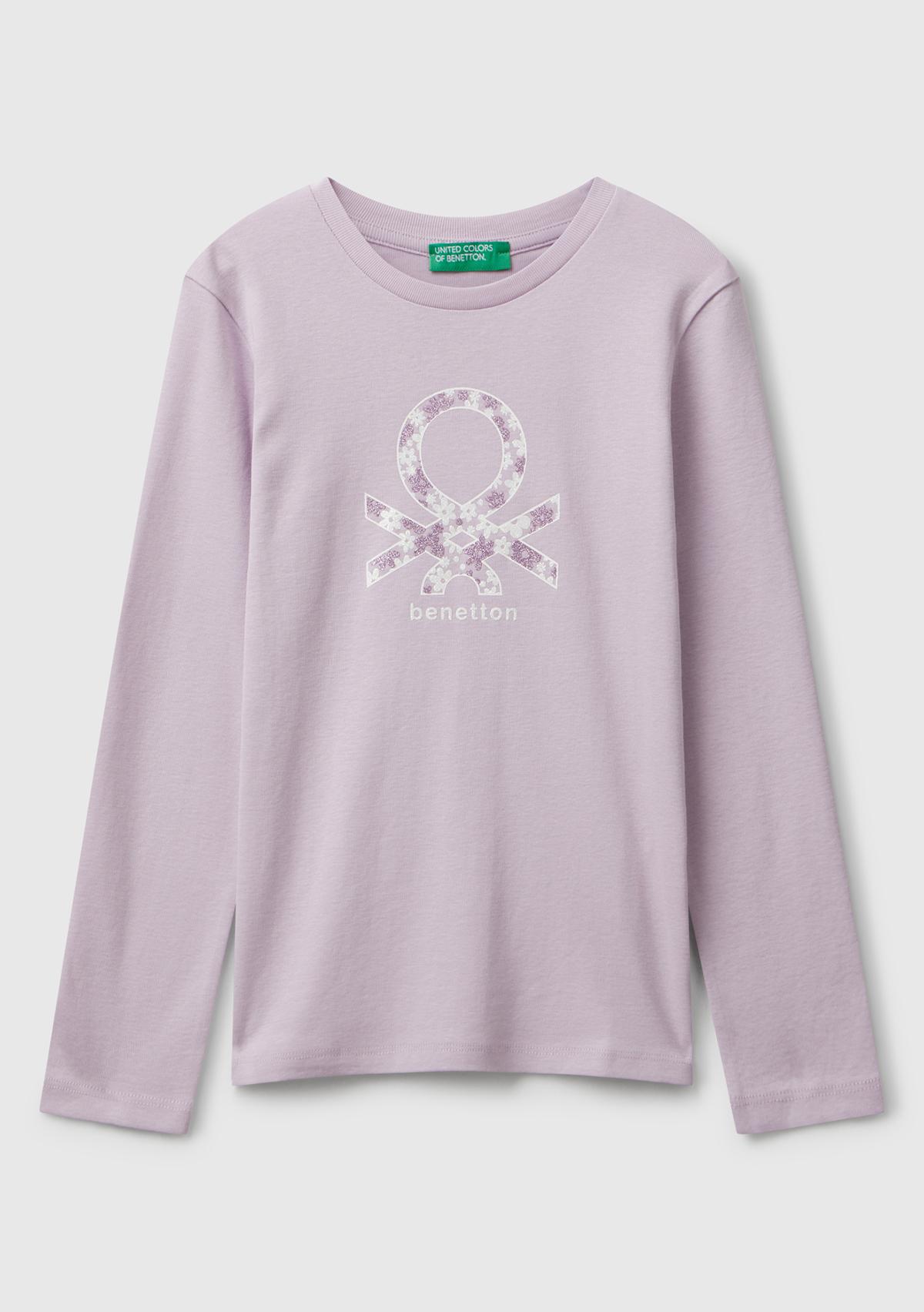Kız Çocuk Lila Parıltılı Logo Baskılı Regular Fit Uzun Kollu T-shirt