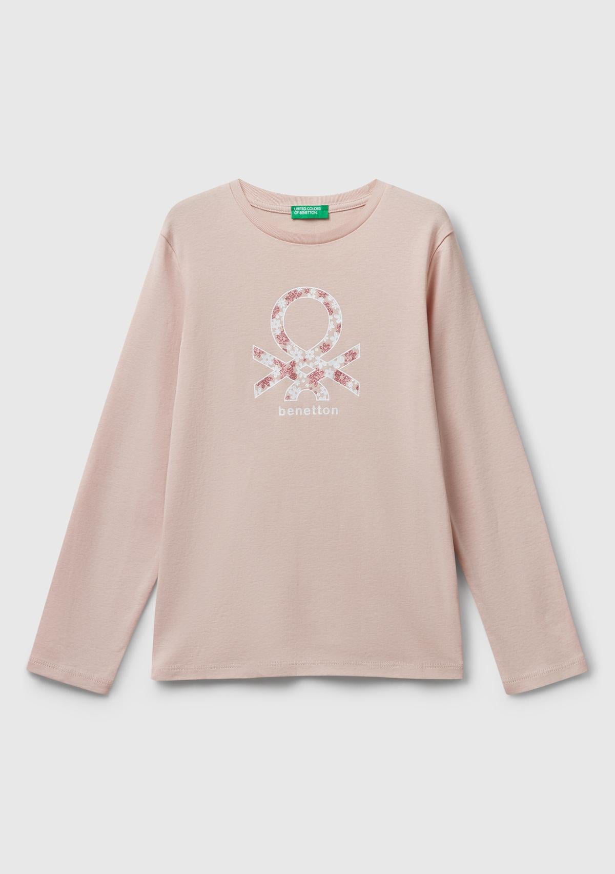 Kız Çocuk Toz Pembe Parıltılı Logo Baskılı Regular Fit Uzun Kollu T-shirt