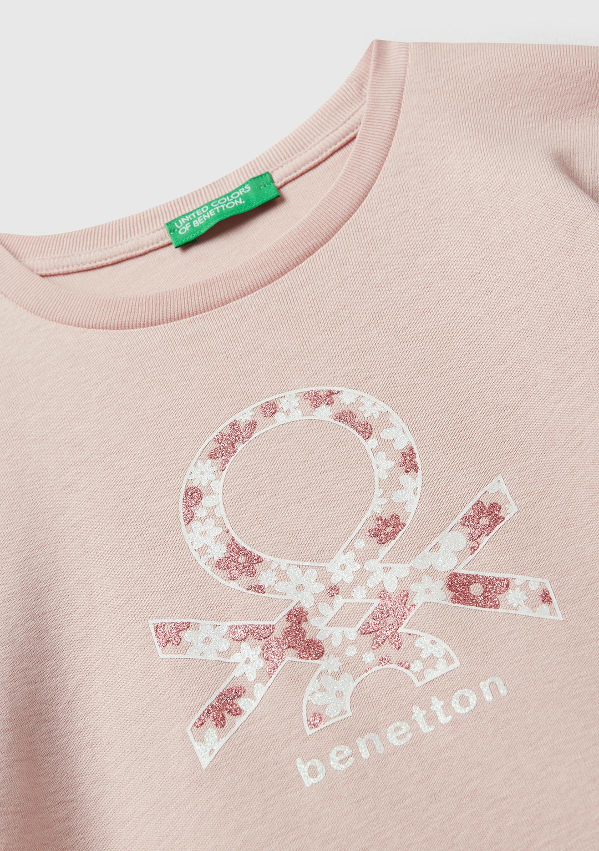 Kız Çocuk Toz Pembe Parıltılı Logo Baskılı Regular Fit Uzun Kollu T-shirt