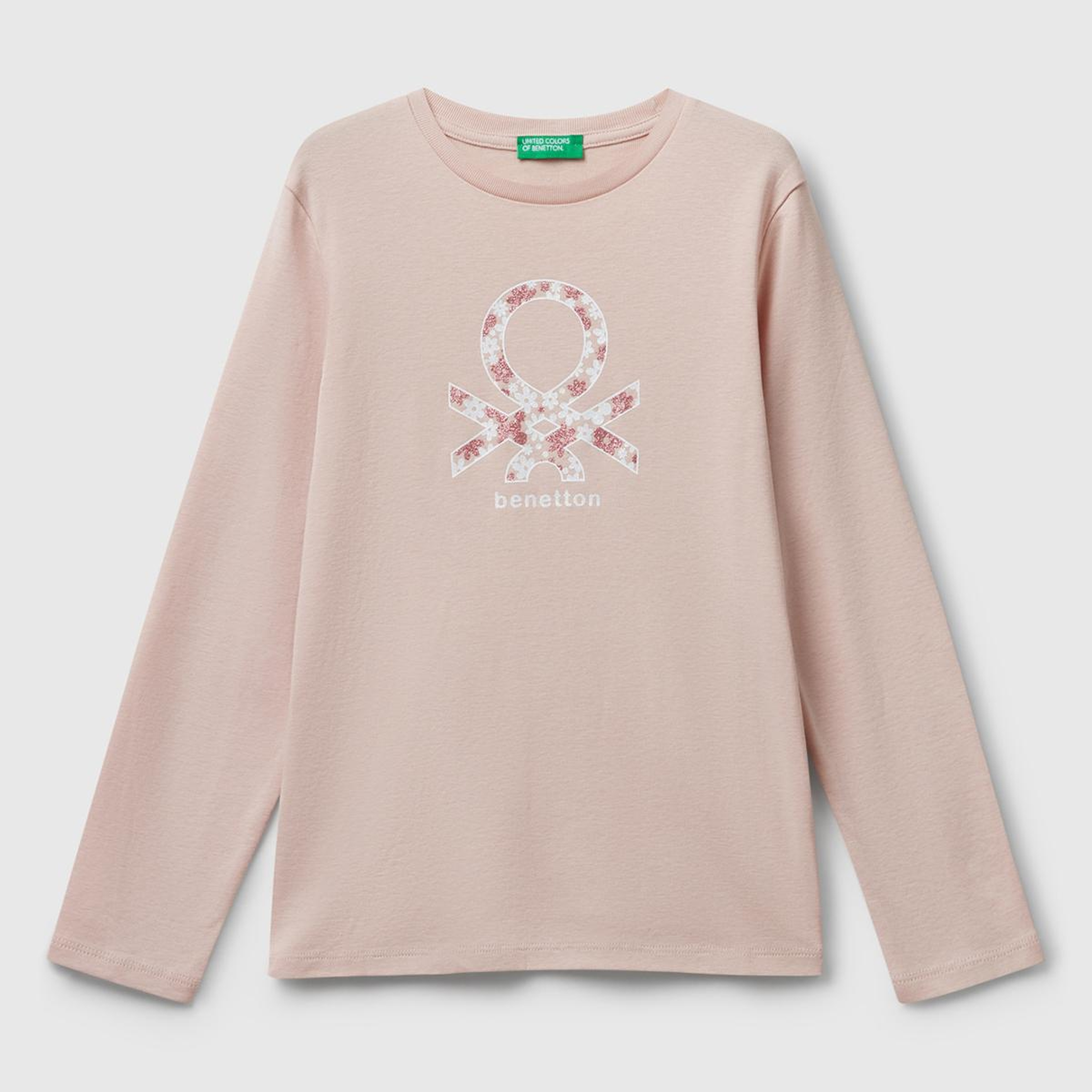 Kız Çocuk Toz Pembe Parıltılı Logo Baskılı Regular Fit Uzun Kollu T-shirt
