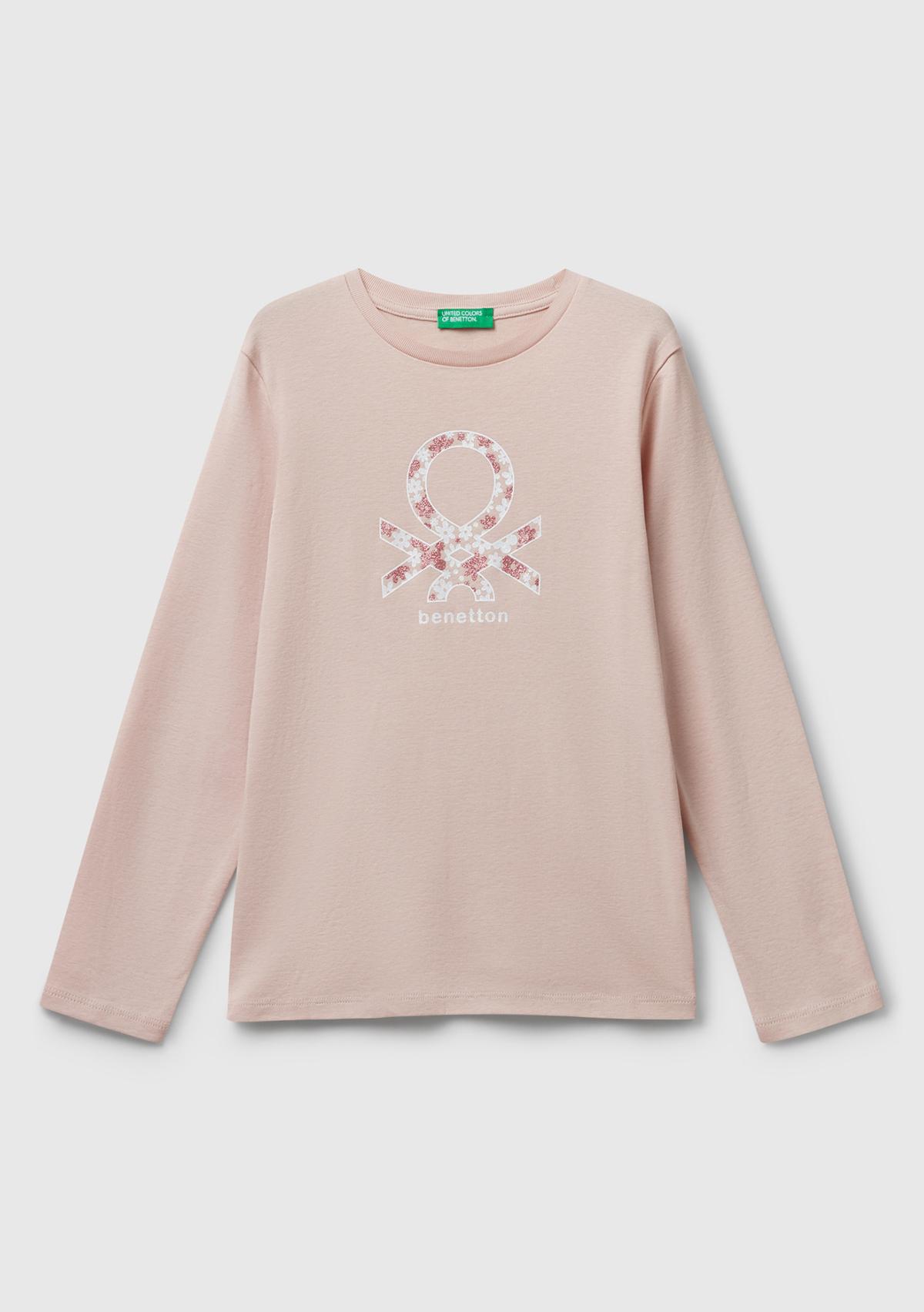 Kız Çocuk Toz Pembe Parıltılı Logo Baskılı Regular Fit Uzun Kollu T-shirt