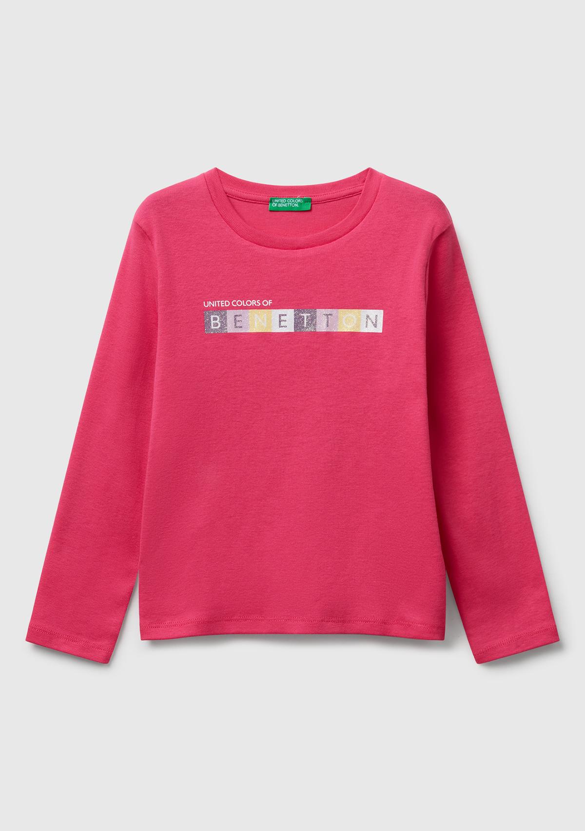 Kız Çocuk Pembe Önü Parıltılı Logo Baskılı Slim Fit Uzun Kollu T-shirt