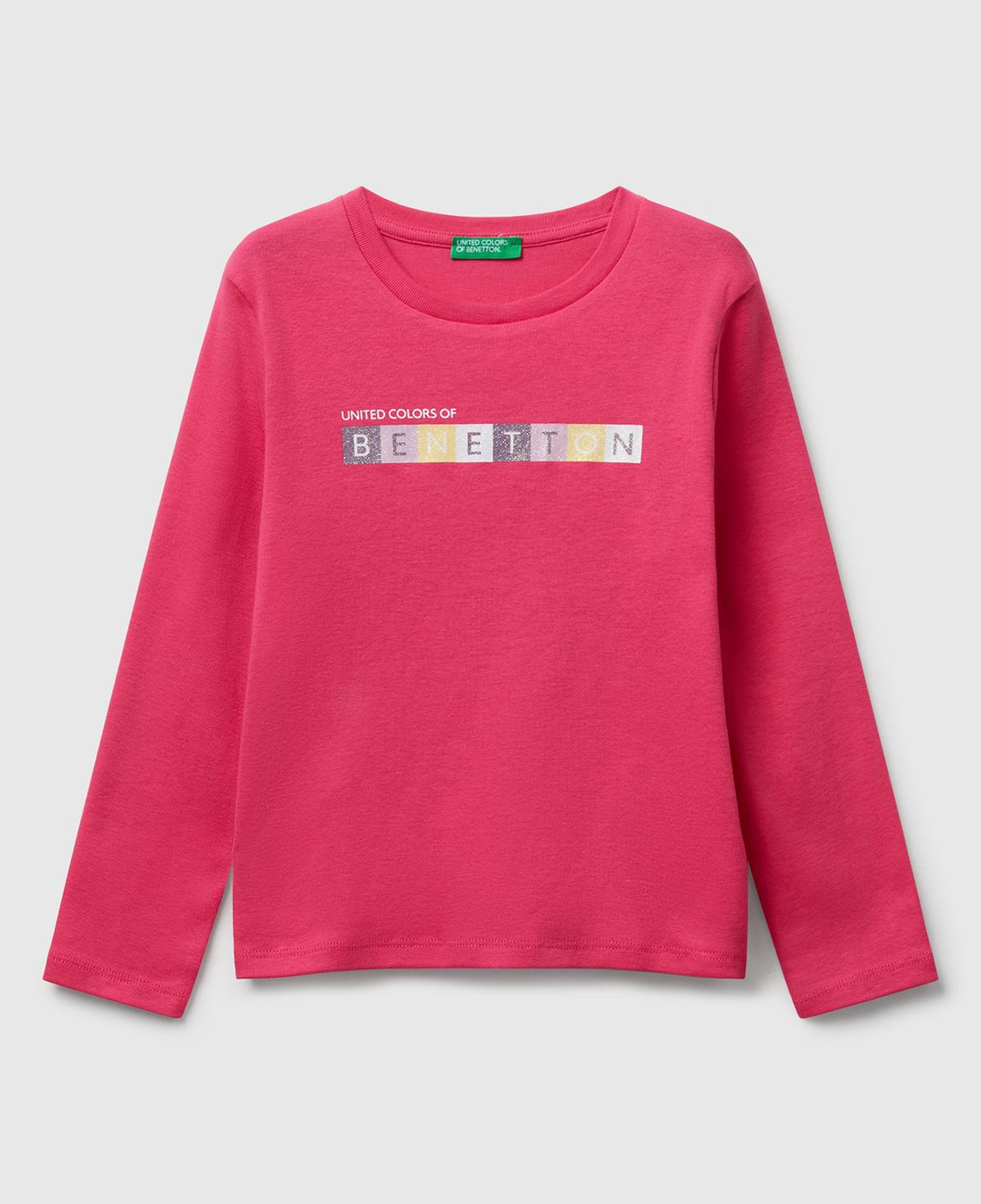 Kız Çocuk Pembe Önü Parıltılı Logo Baskılı Slim Fit Uzun Kollu T-shirt