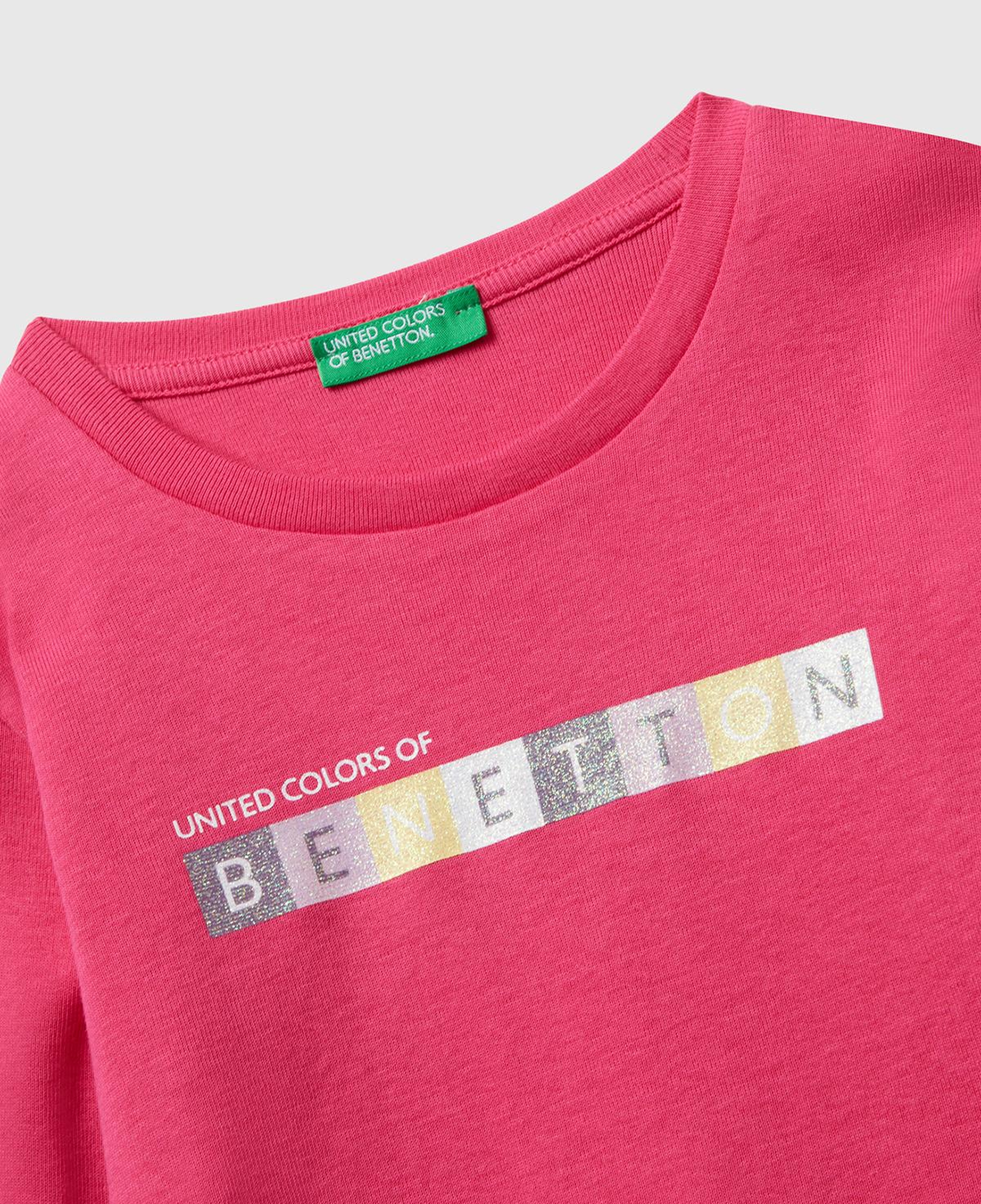 Kız Çocuk Pembe Önü Parıltılı Logo Baskılı Slim Fit Uzun Kollu T-shirt