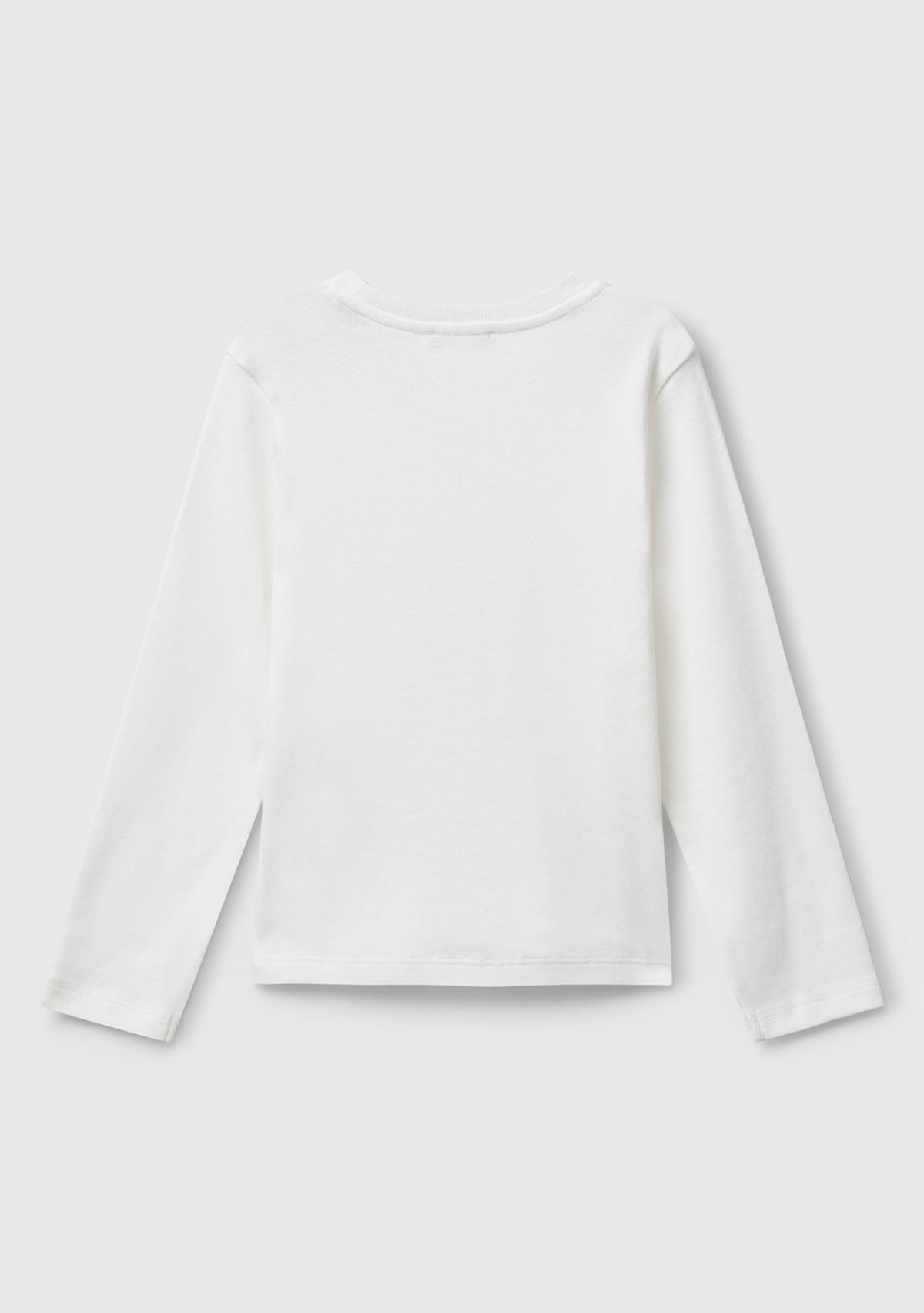 Kız Çocuk Beyaz Önü Parıltılı Logo Baskılı Slim Fit Uzun Kollu T-shirt
