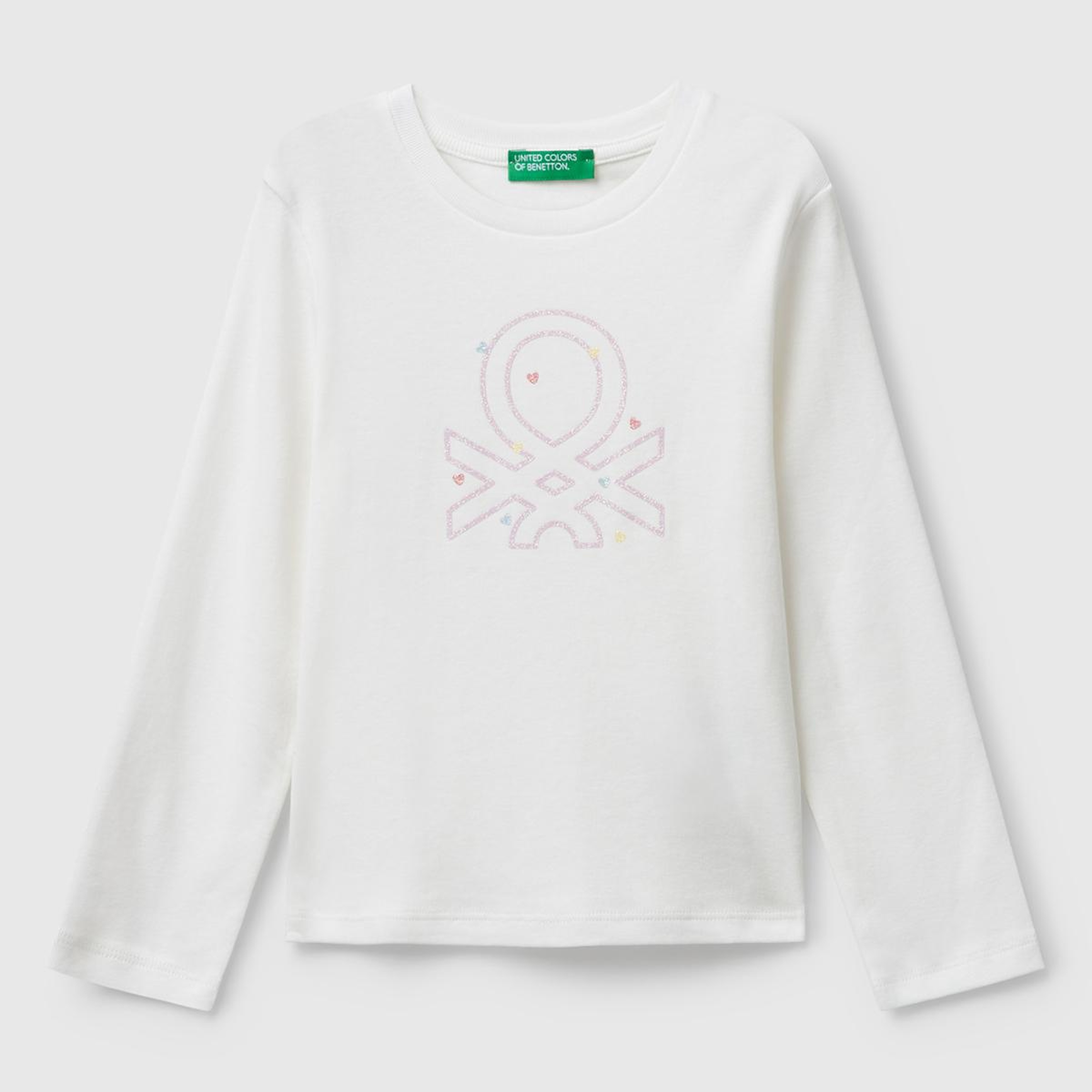 Kız Çocuk Beyaz Önü Parıltılı Logo Baskılı Slim Fit Uzun Kollu T-shirt