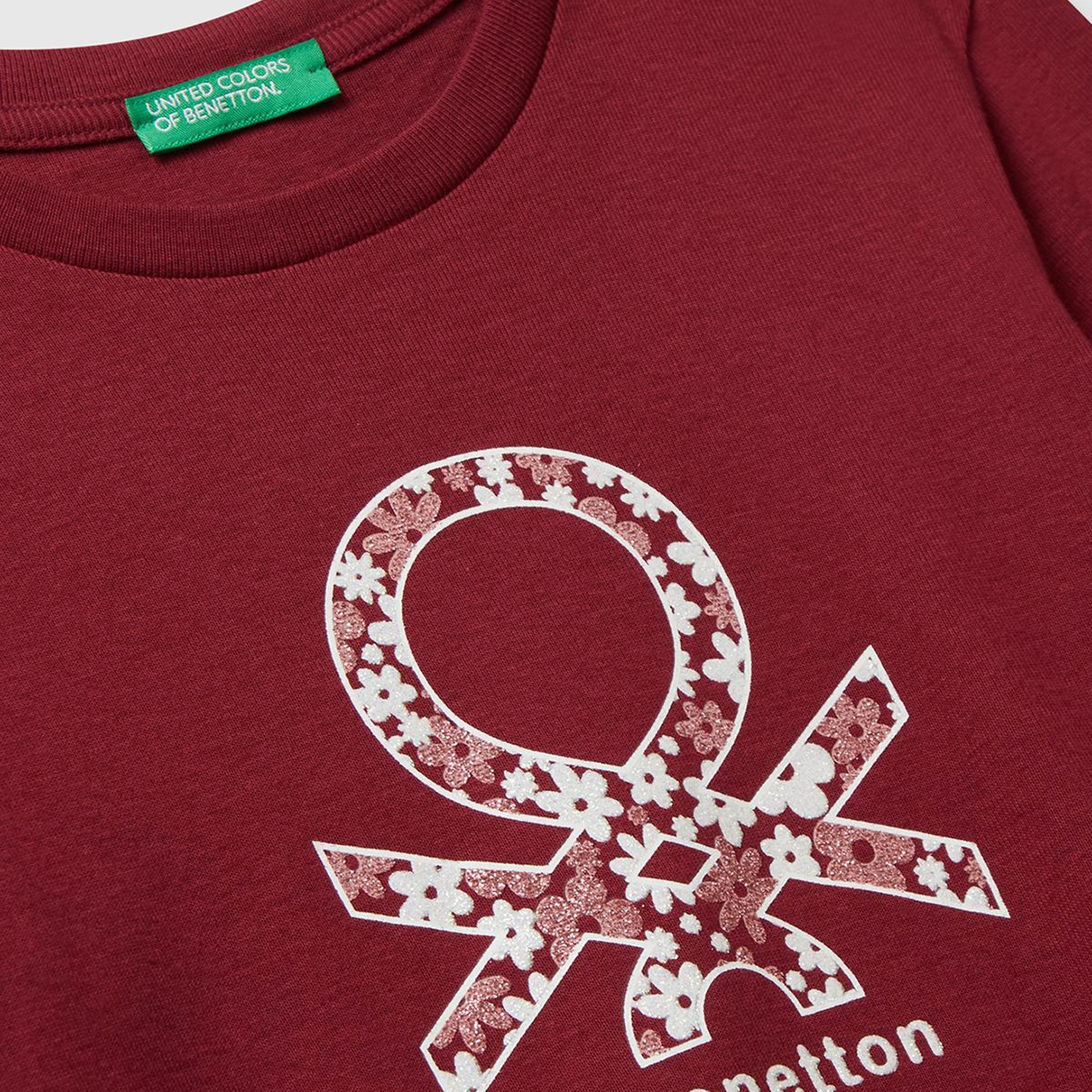 Kız Çocuk Bordo Parıltılı Logo Baskılı Regular Fit Uzun Kollu T-shirt
