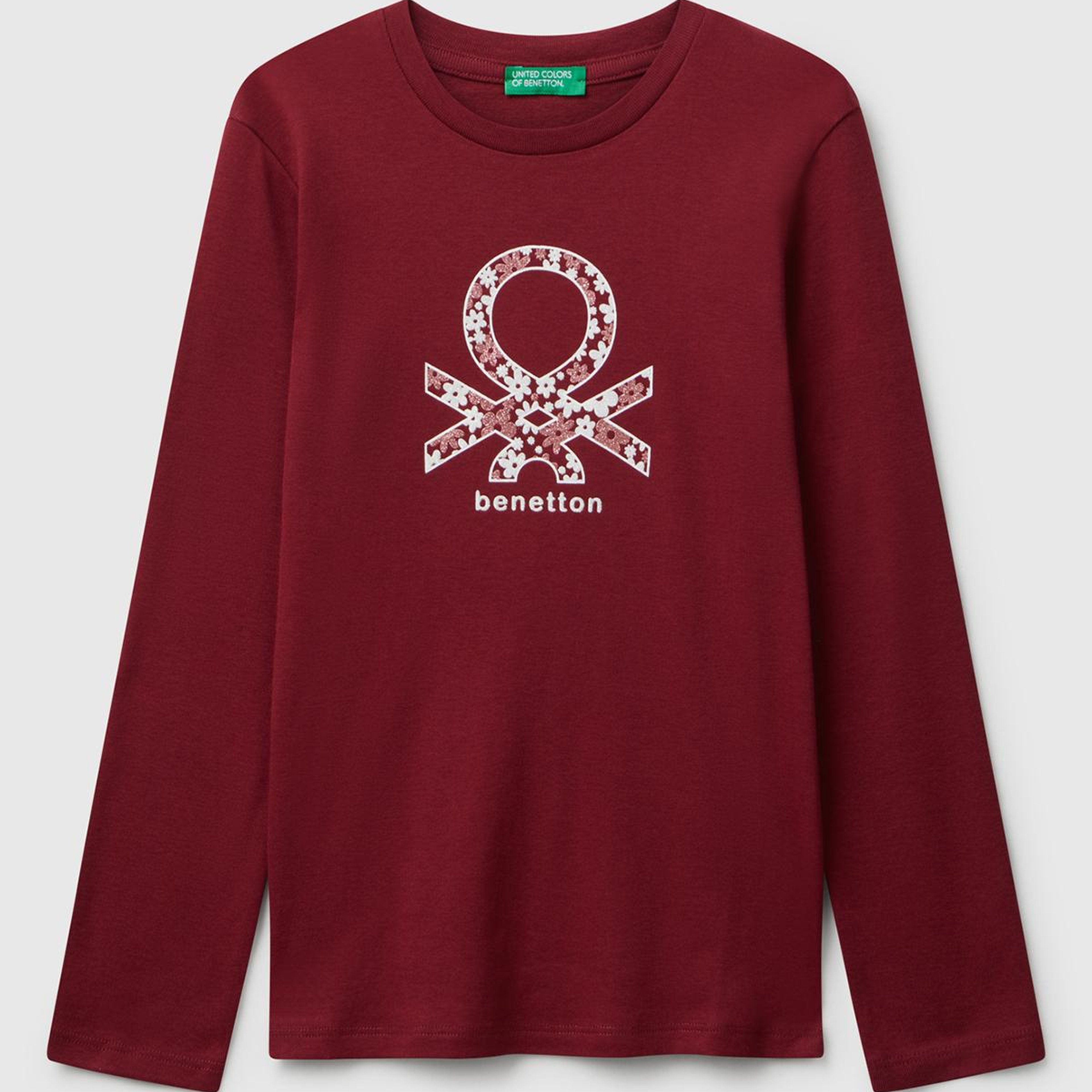 Kız Çocuk Bordo Parıltılı Logo Baskılı Regular Fit Uzun Kollu T-shirt