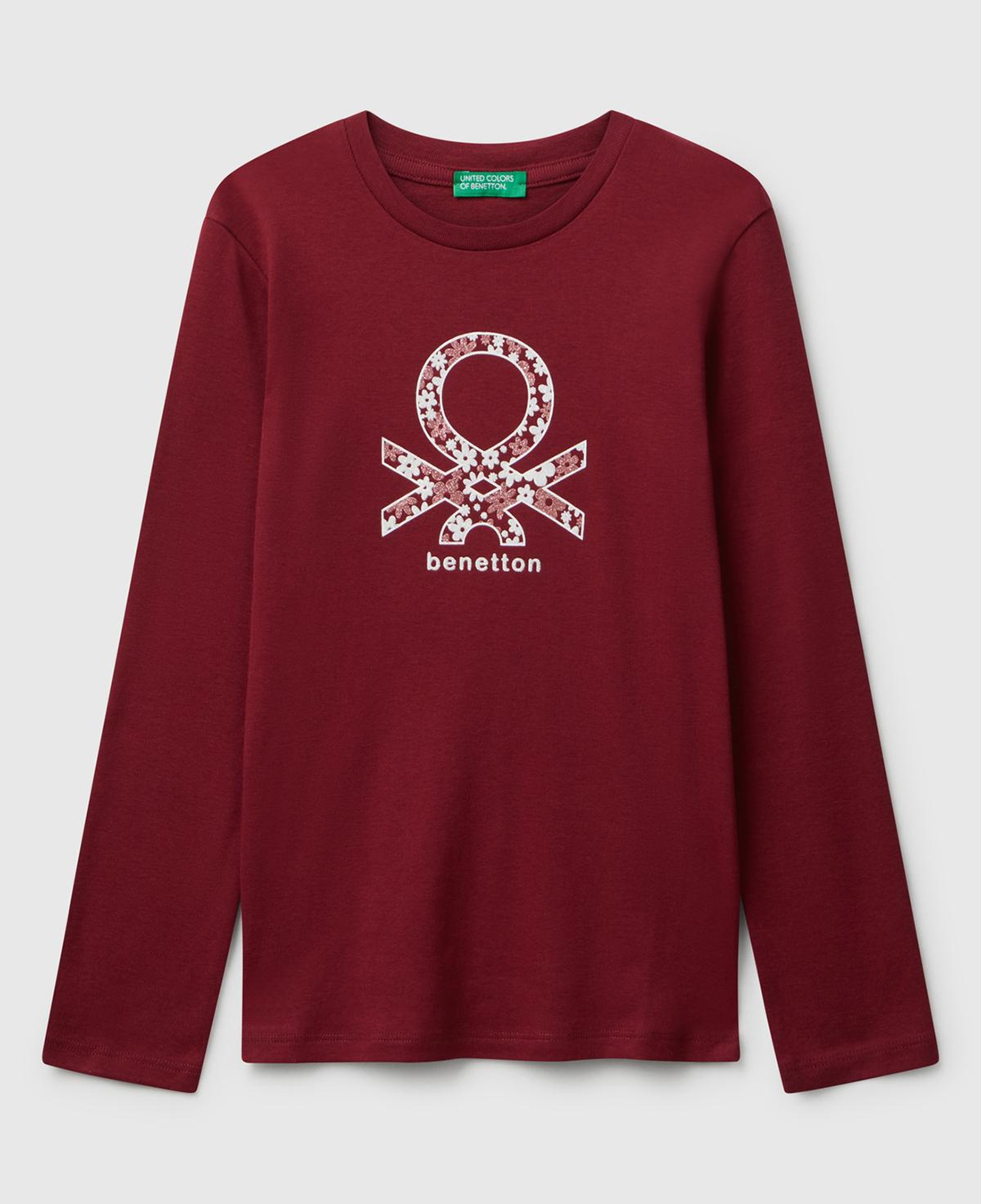 Kız Çocuk Bordo Parıltılı Logo Baskılı Regular Fit Uzun Kollu T-shirt
