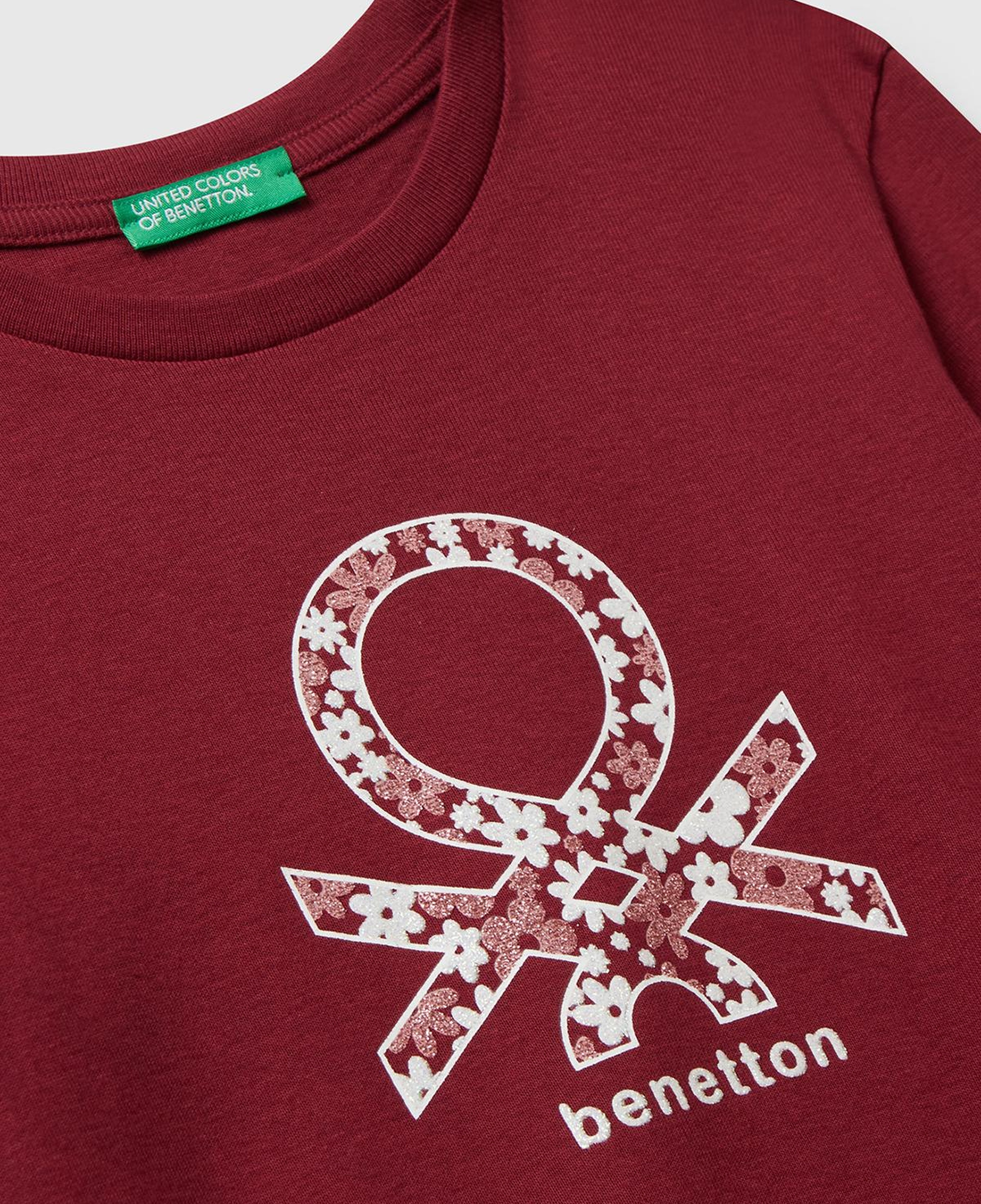 Kız Çocuk Bordo Parıltılı Logo Baskılı Regular Fit Uzun Kollu T-shirt