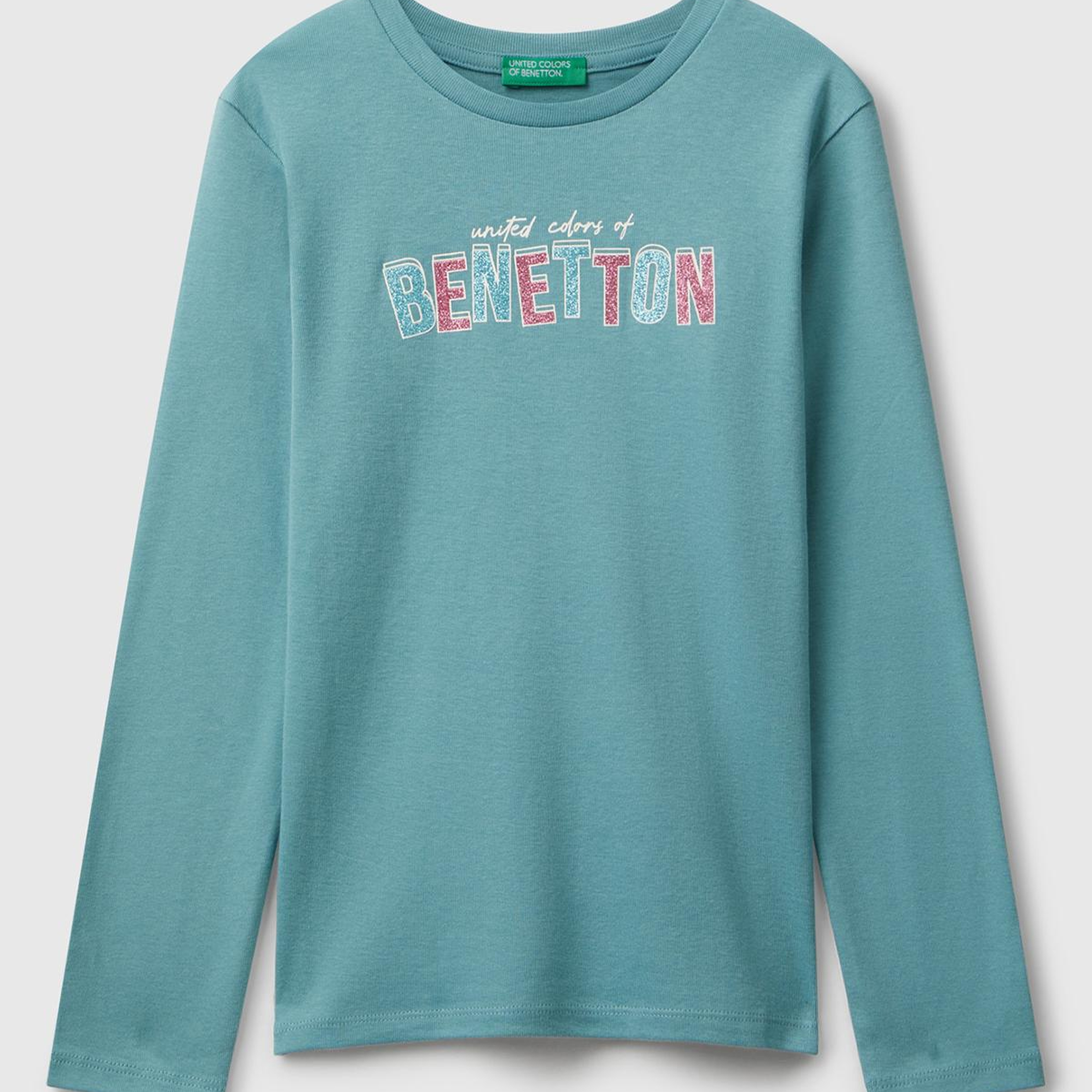 Kız Çocuk Gri-Yeşil Parıltılı Logo Baskılı Regular Fit Uzun Kollu T-shirt