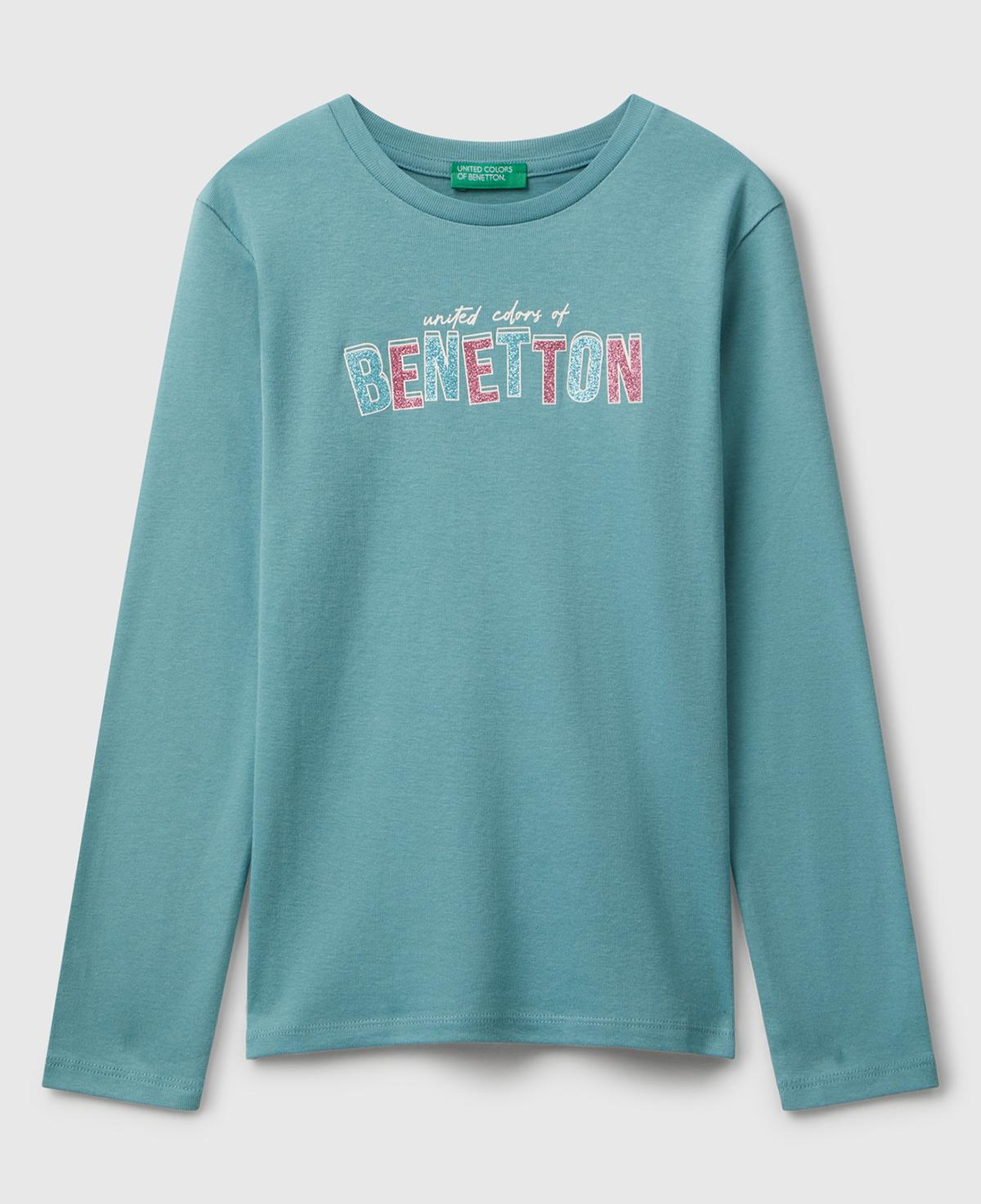 Kız Çocuk Gri-Yeşil Parıltılı Logo Baskılı Regular Fit Uzun Kollu T-shirt