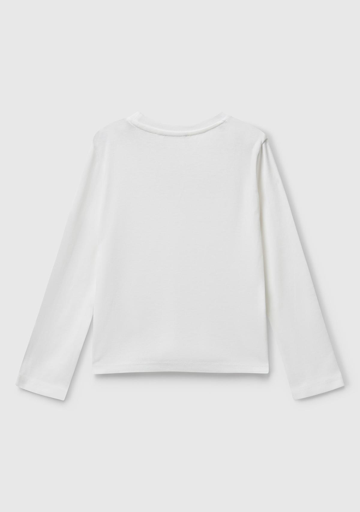Kız Çocuk Ekru Önü Parıltılı Logo Baskılı Slim Fit Uzun Kollu T-shirt