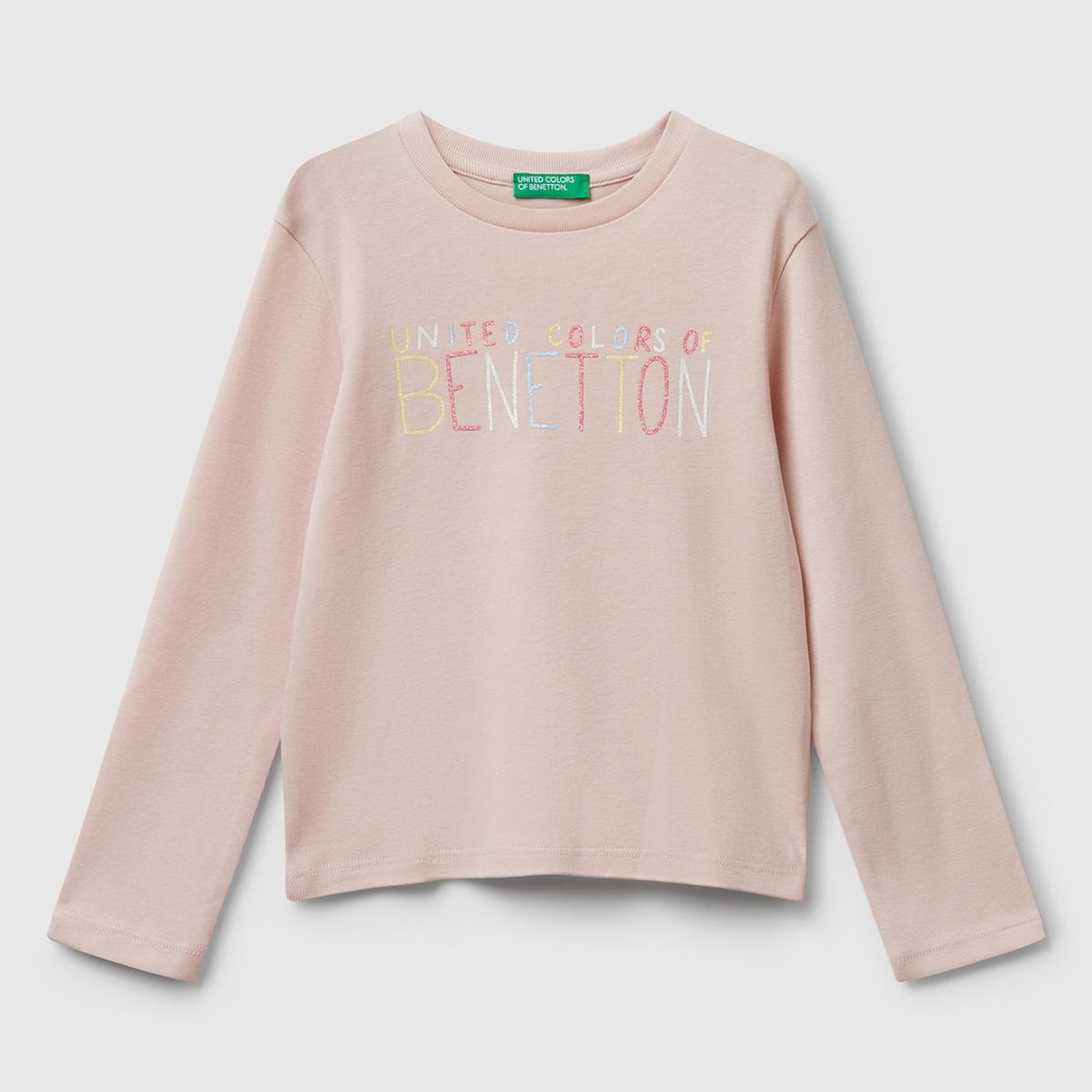Kız Çocuk Toz Pembe Önü Parıltılı Logo Baskılı Slim Fit Uzun Kollu T-shirt