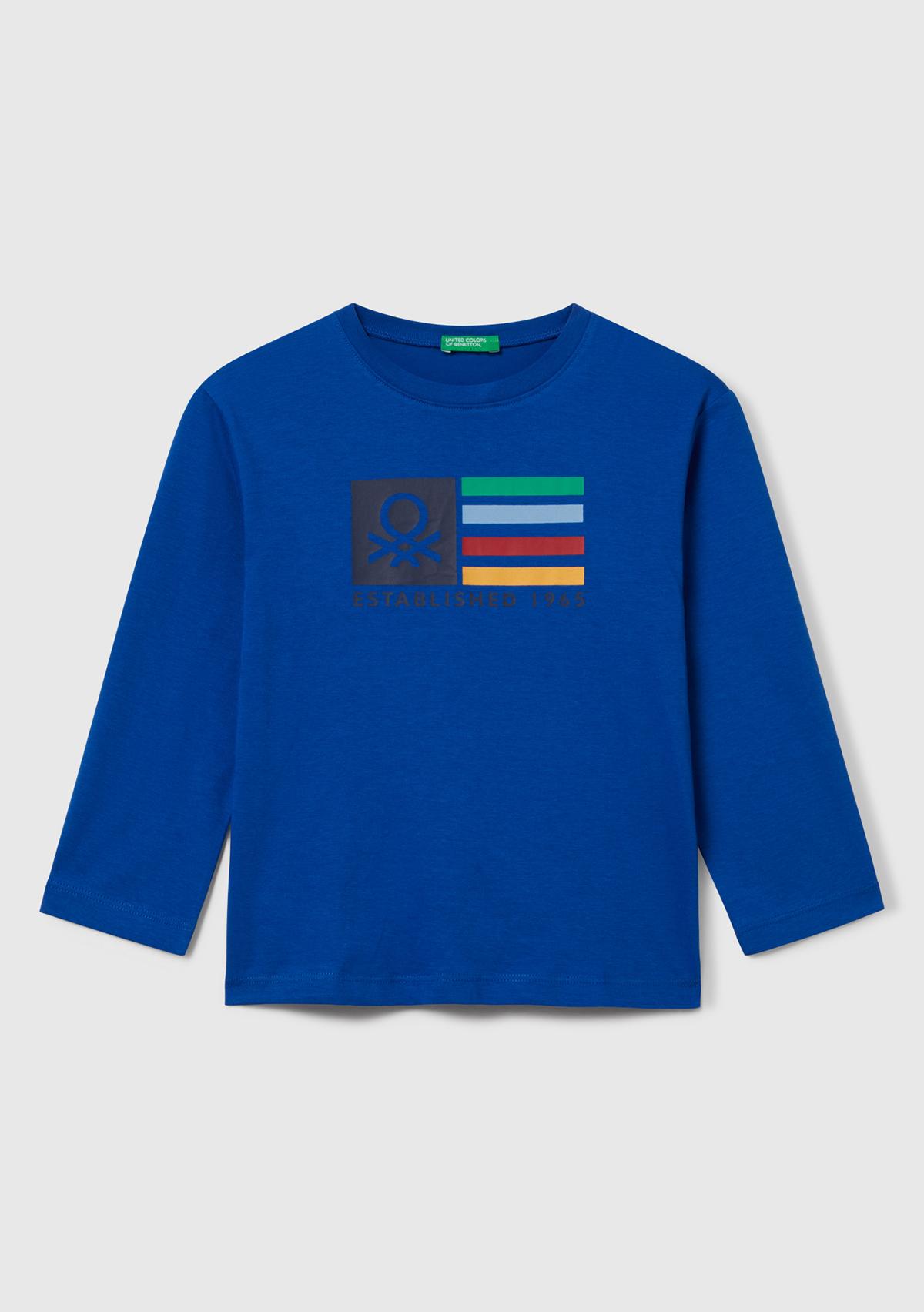 Erkek Çocuk Saks Mavisi Çok Renkli Logo Baskılı Bisiklet Yaka Uzun Kollu T-Shirt