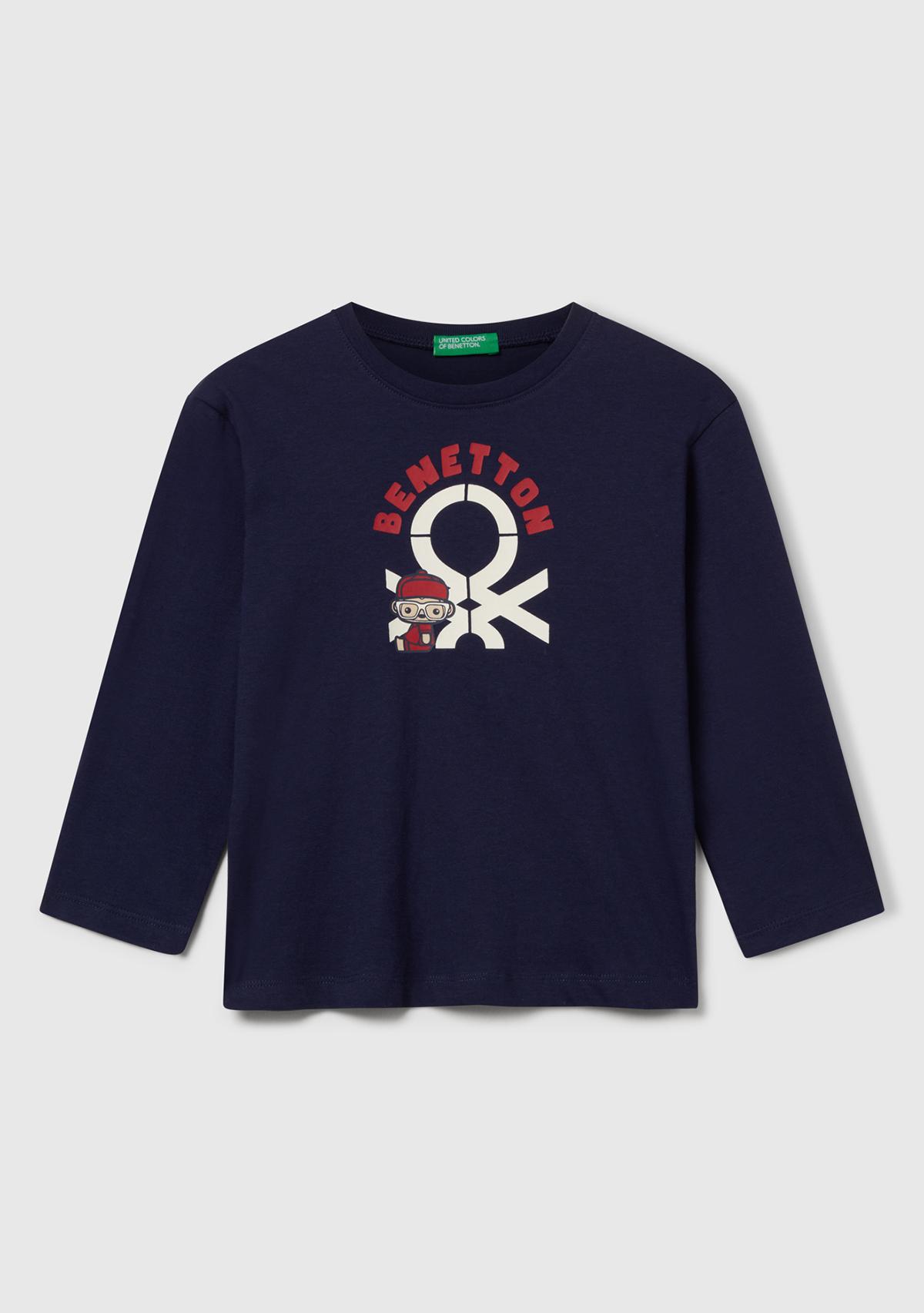 Erkek Çocuk Lacivert Çok Renkli Logo Baskılı Bisiklet Yaka Uzun Kollu T-Shirt