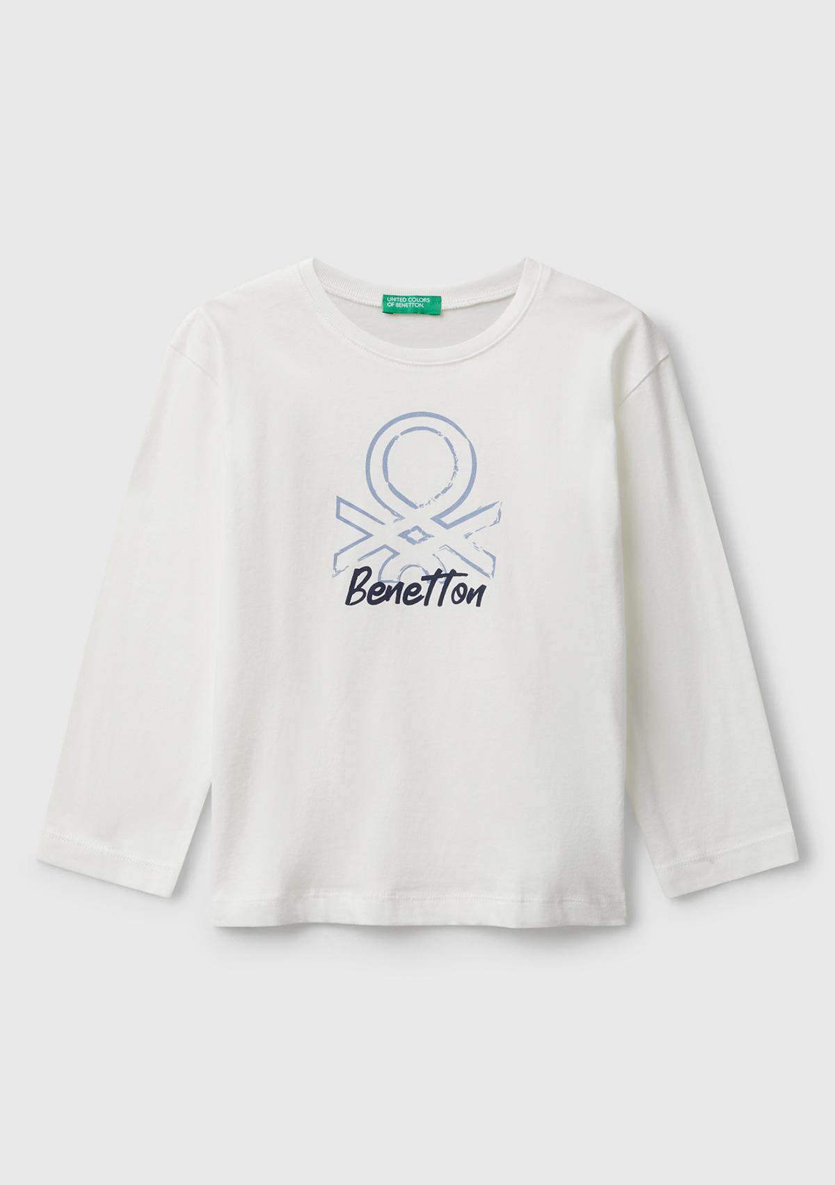 Erkek Çocuk Ekru Organik Pamuklu Önü Logo Baskılı Uzun Kollu T-shirt