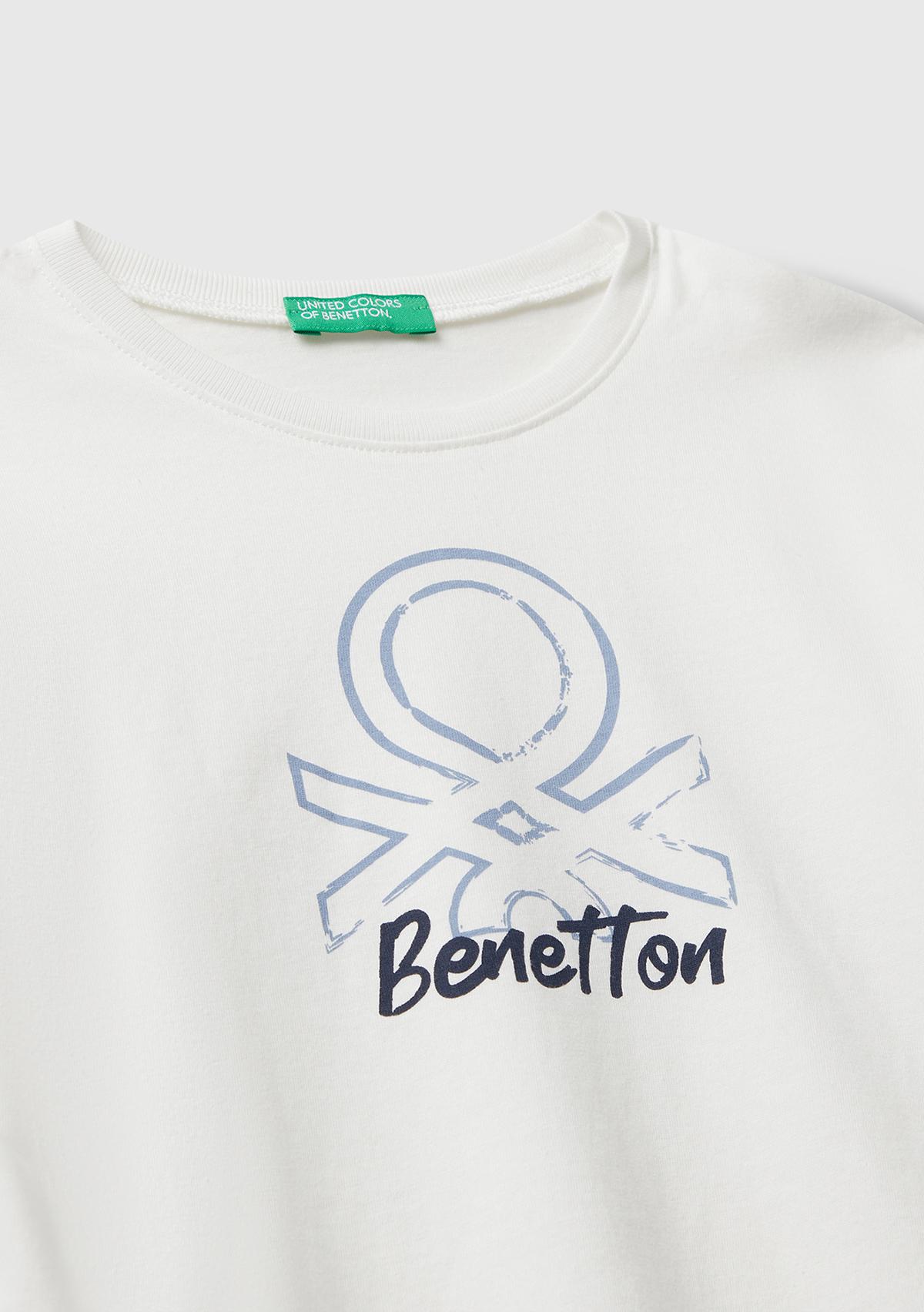 Erkek Çocuk Ekru Organik Pamuklu Önü Logo Baskılı Uzun Kollu T-shirt