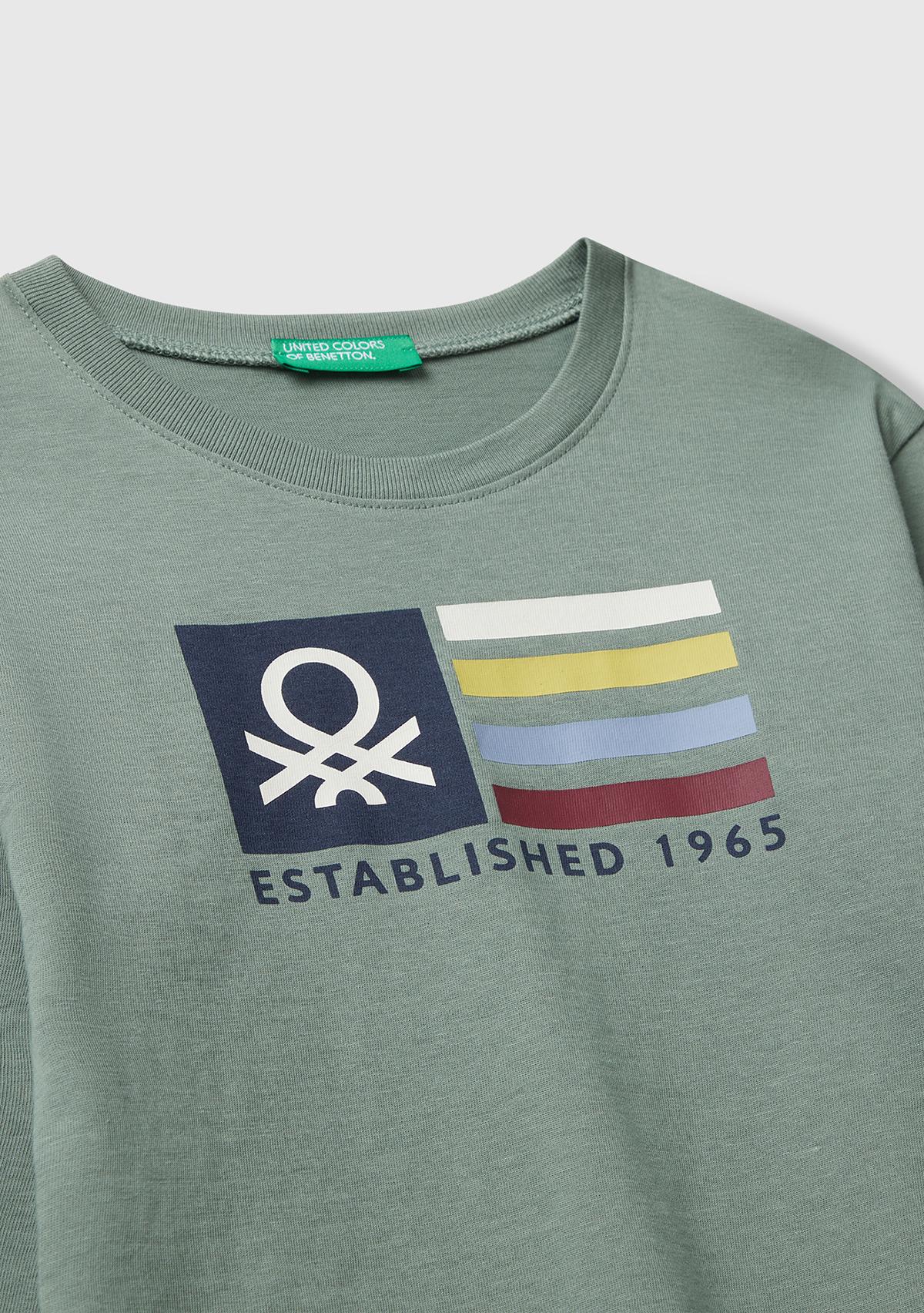 Erkek Çocuk Haki Organik Pamuklu Önü Logo Baskılı Uzun Kollu T-shirt