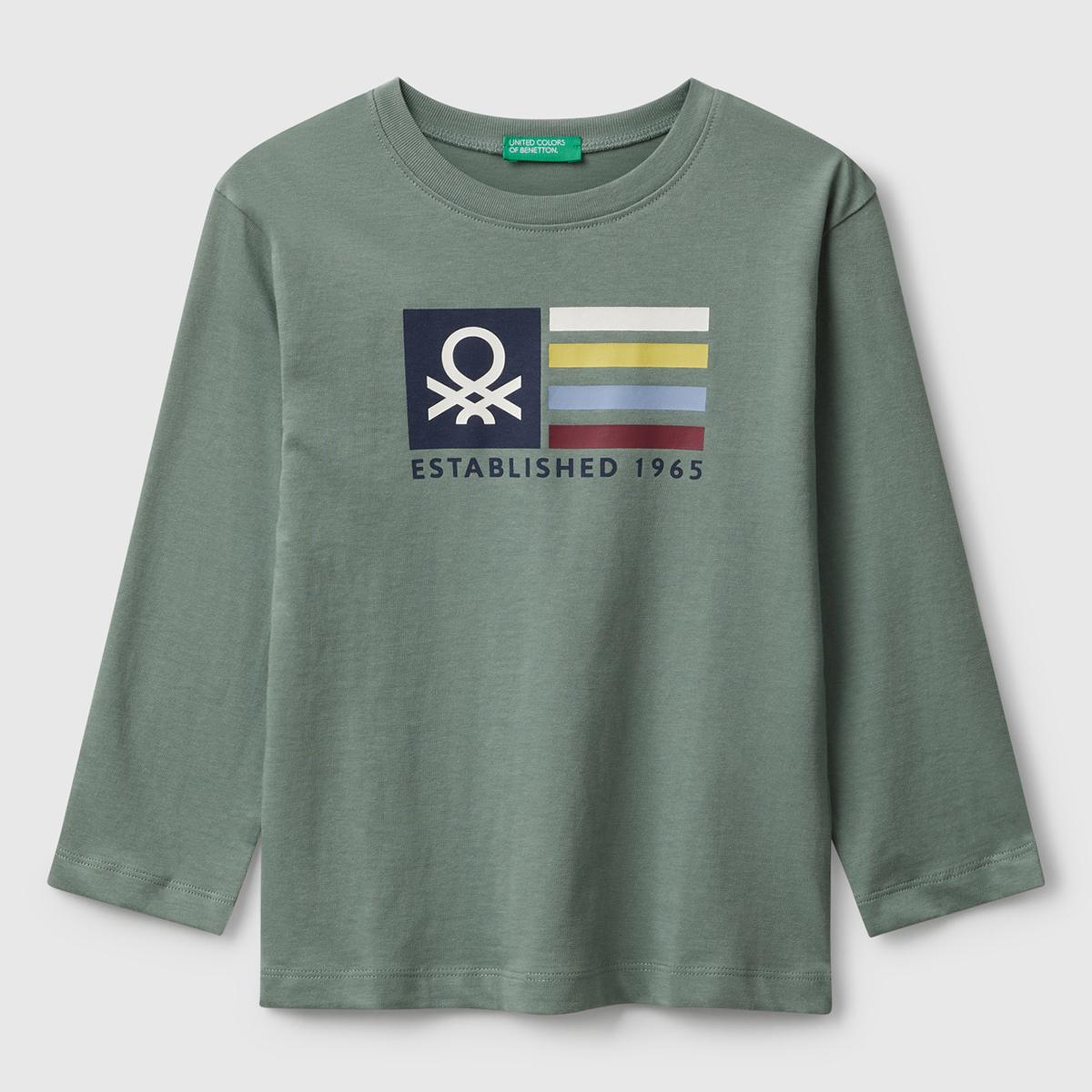 Erkek Çocuk Haki Organik Pamuklu Önü Logo Baskılı Uzun Kollu T-shirt