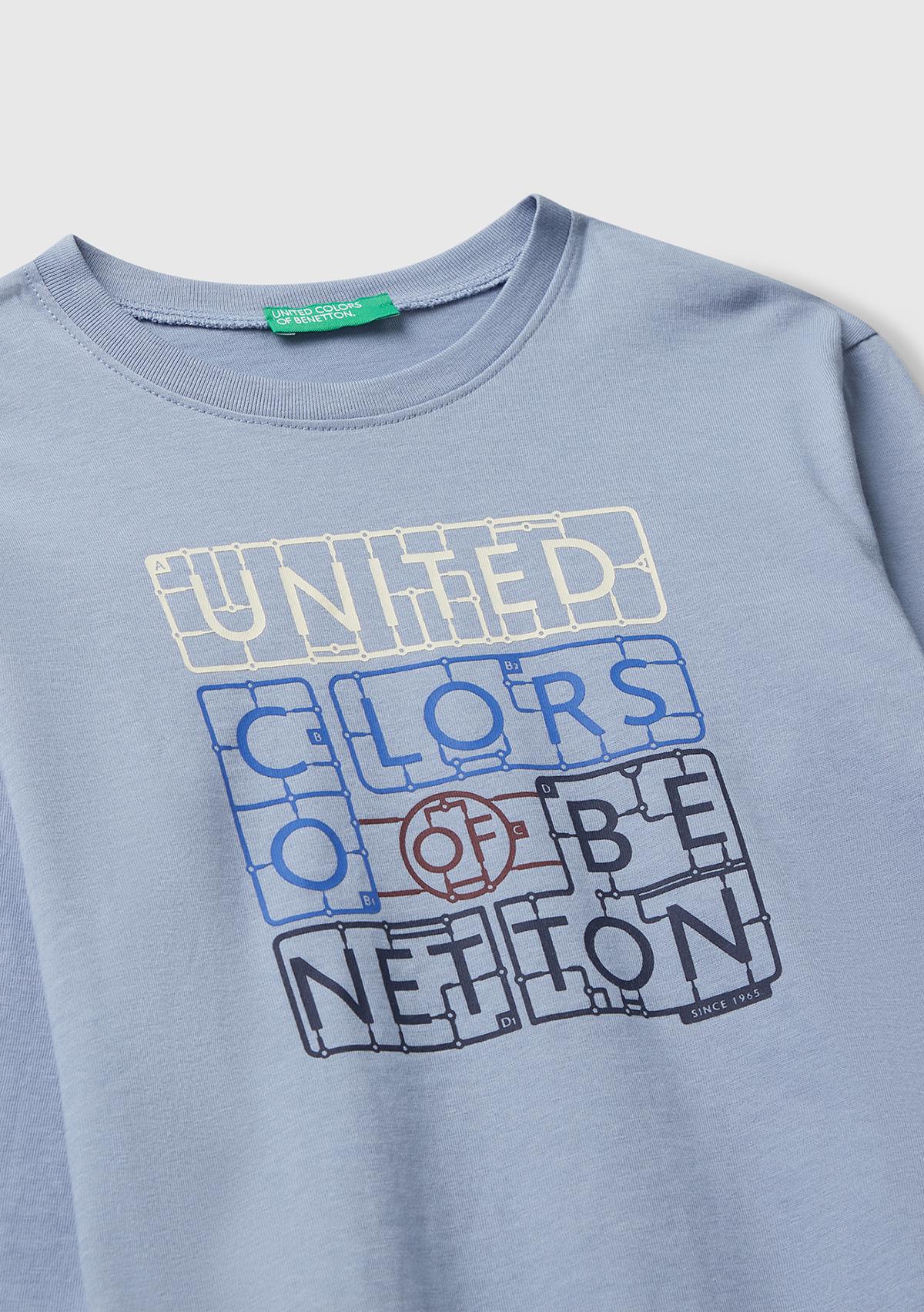 Erkek Çocuk Mavi Organik Pamuklu Önü Logo Baskılı Uzun Kollu T-shirt
