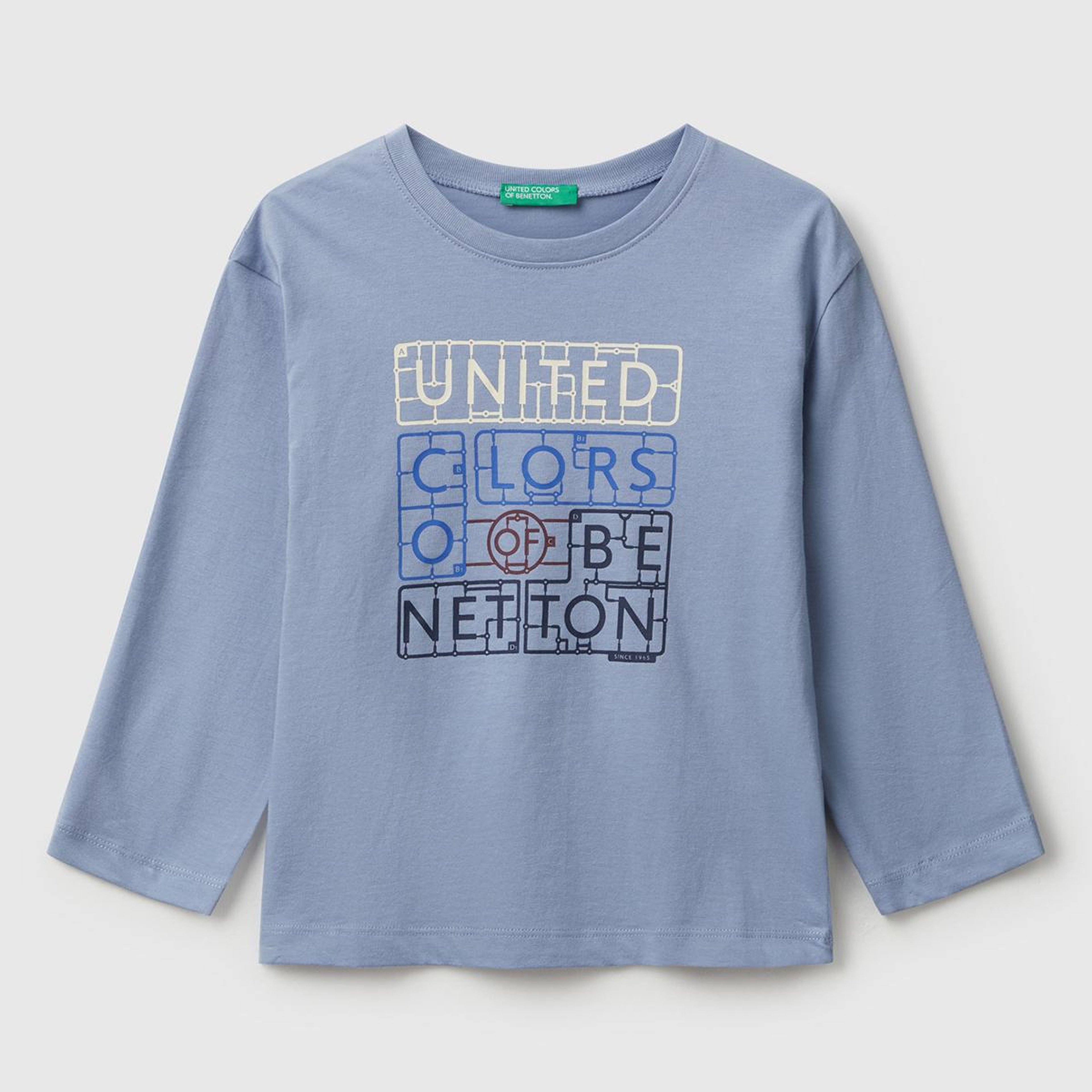 Erkek Çocuk Mavi Organik Pamuklu Önü Logo Baskılı Uzun Kollu T-shirt