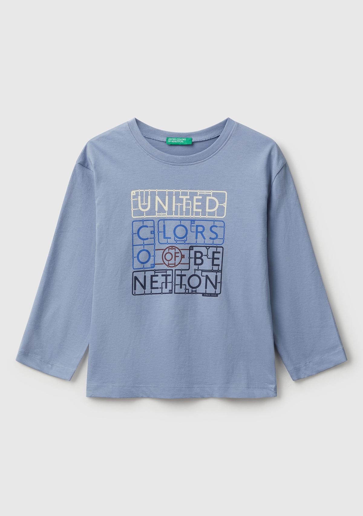 Erkek Çocuk Mavi Organik Pamuklu Önü Logo Baskılı Uzun Kollu T-shirt