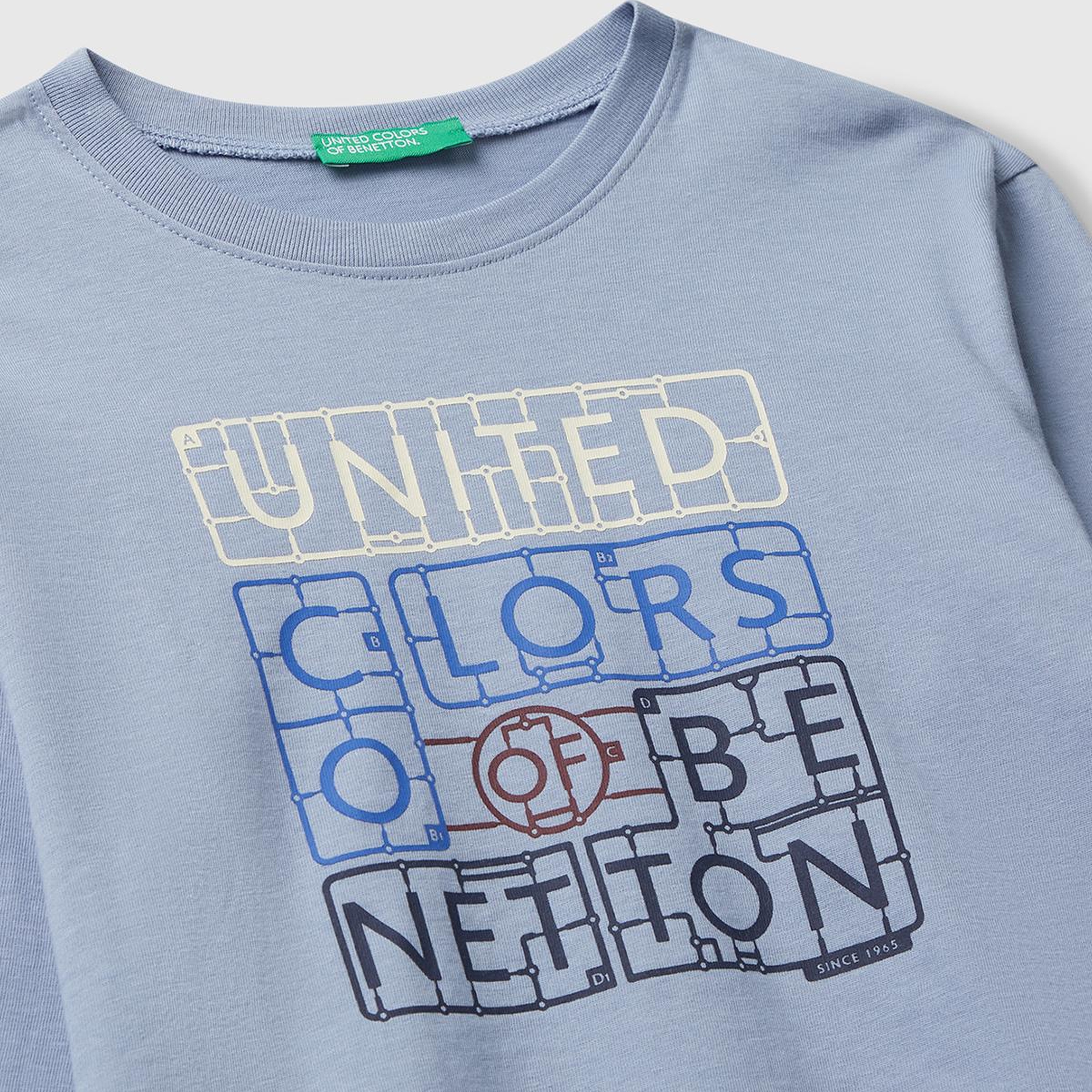 Erkek Çocuk Mavi Organik Pamuklu Önü Logo Baskılı Uzun Kollu T-shirt