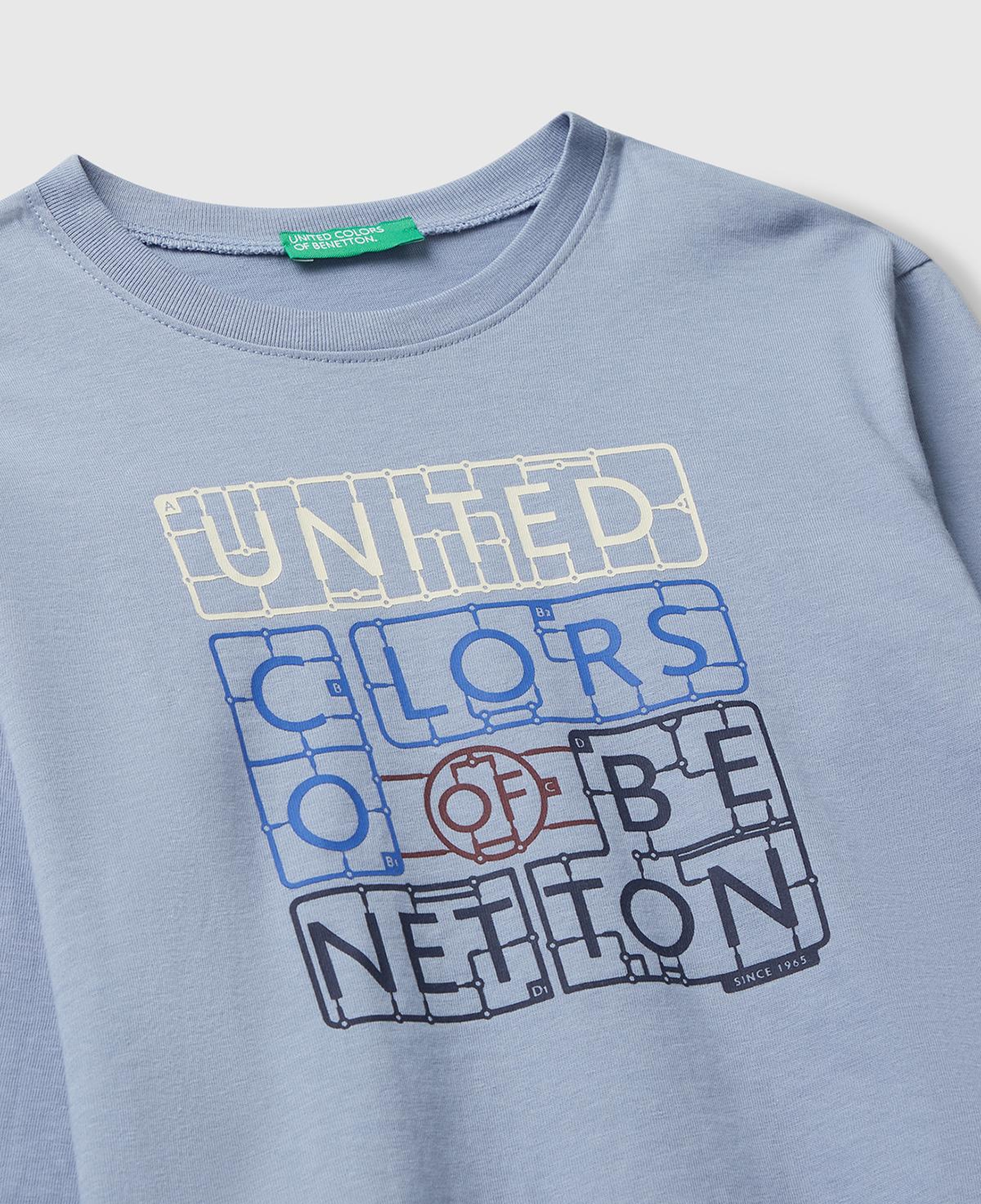 Erkek Çocuk Mavi Organik Pamuklu Önü Logo Baskılı Uzun Kollu T-shirt