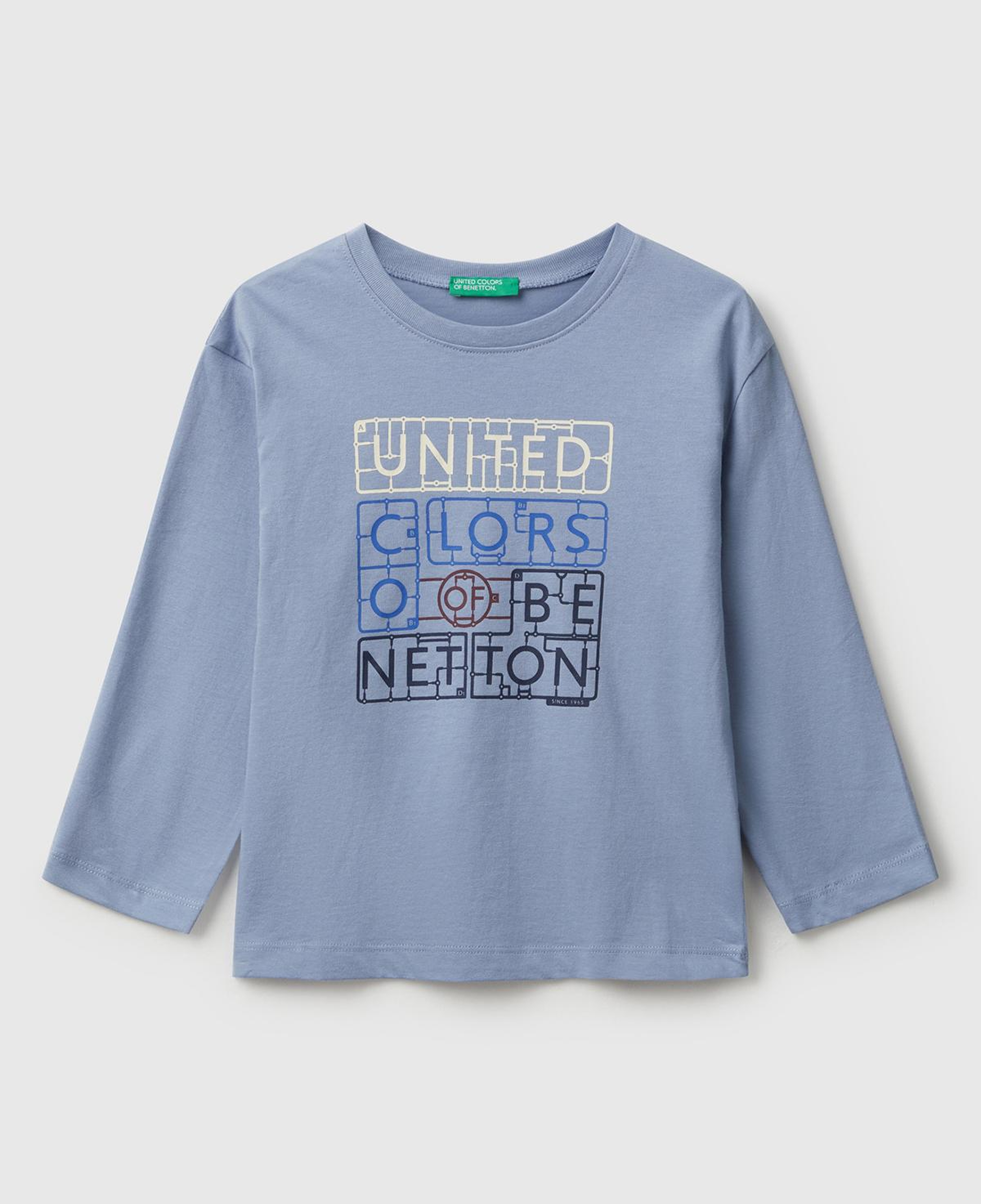 Erkek Çocuk Mavi Organik Pamuklu Önü Logo Baskılı Uzun Kollu T-shirt