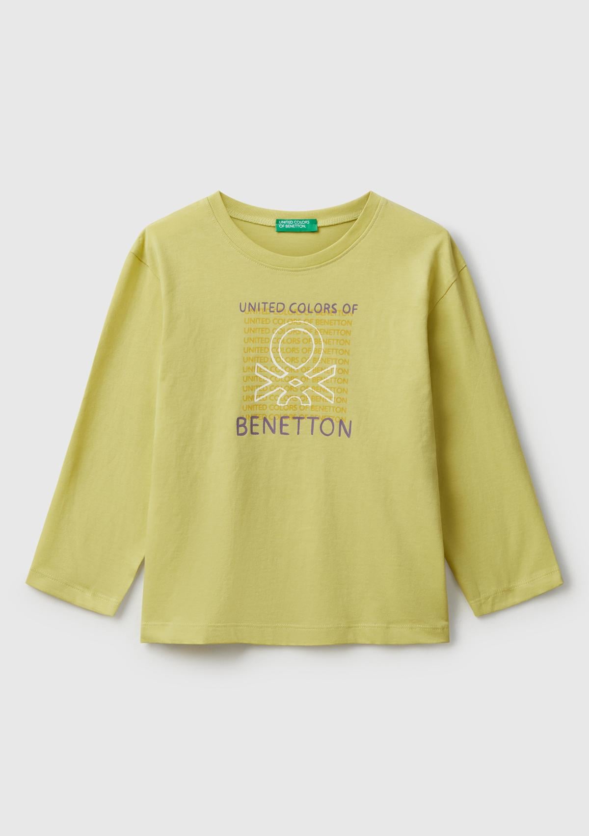 Erkek Çocuk Hardal Organik Pamuklu Önü Logo Baskılı Uzun Kollu T-shirt