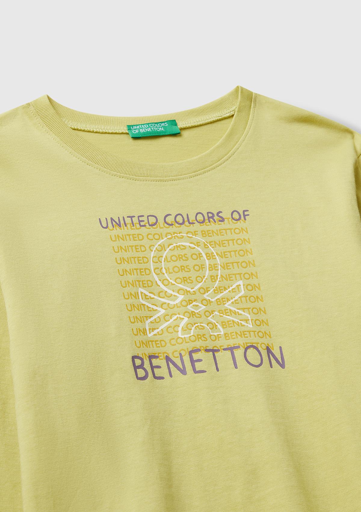 Erkek Çocuk Hardal Organik Pamuklu Önü Logo Baskılı Uzun Kollu T-shirt
