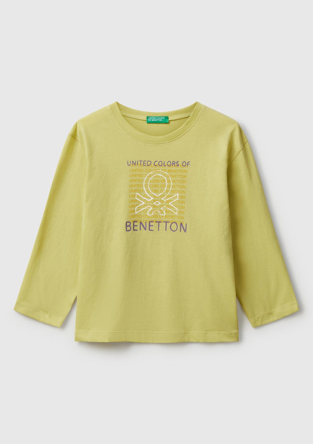 Erkek Çocuk Hardal Organik Pamuklu Önü Logo Baskılı Uzun Kollu T-shirt
