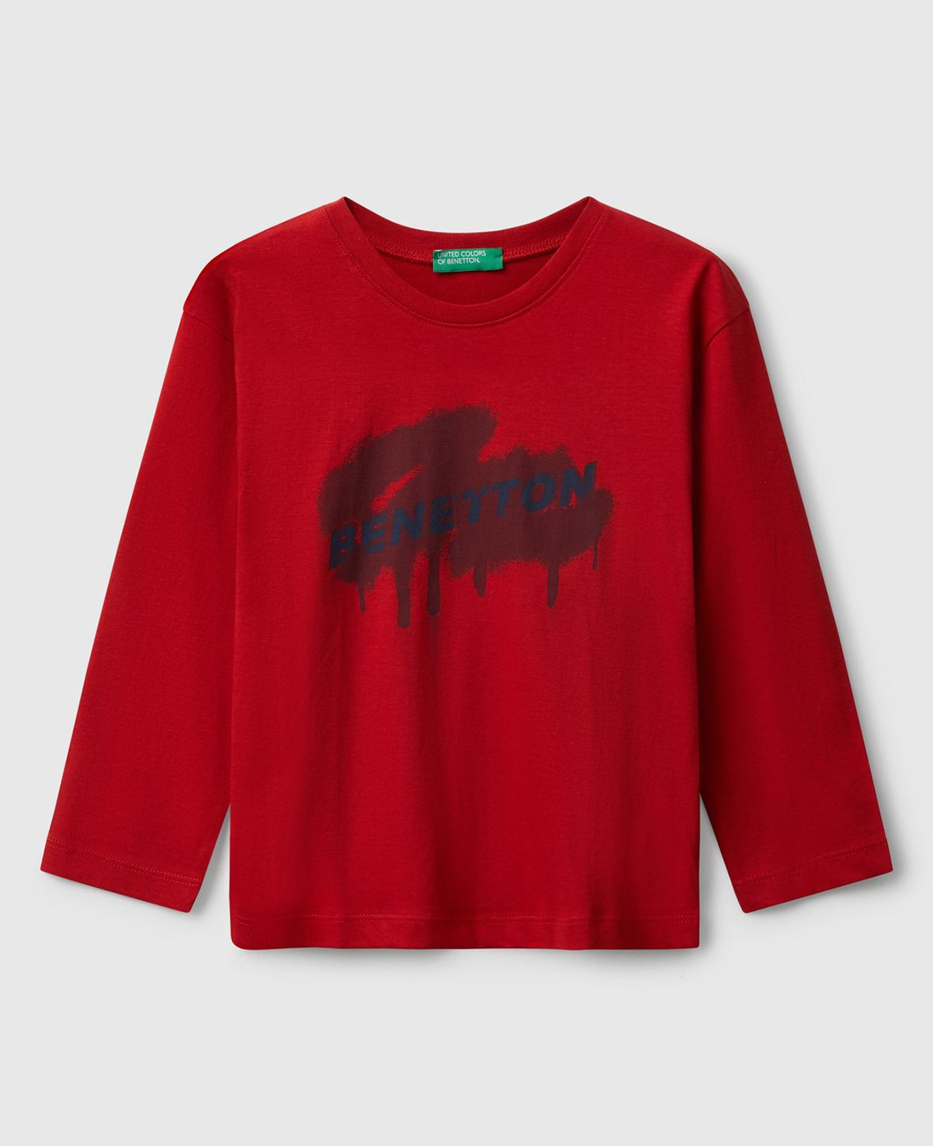 Erkek Çocuk Kırmızı Organik Pamuklu Önü Logo Baskılı Uzun Kollu T-shirt