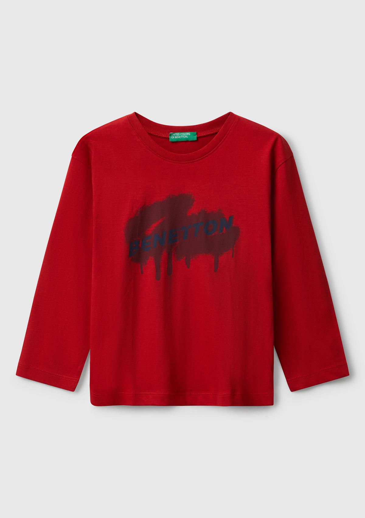 Erkek Çocuk Kırmızı Organik Pamuklu Önü Logo Baskılı Uzun Kollu T-shirt